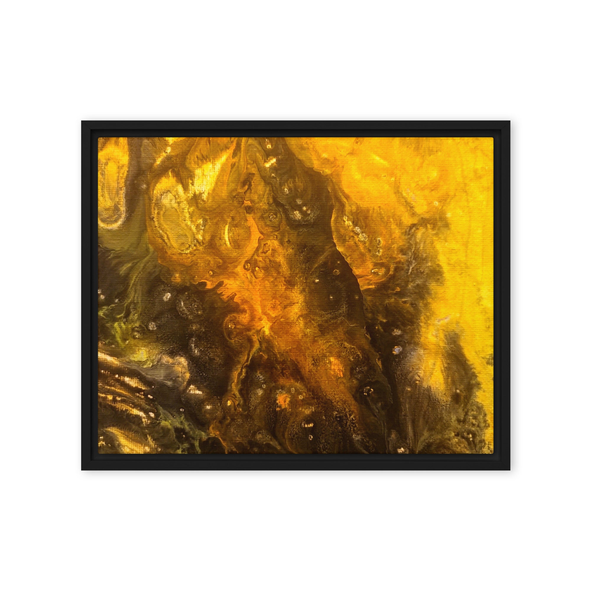 Flame wall art product image as a framed canvas print in brown frame, 18 x 24 inch large size