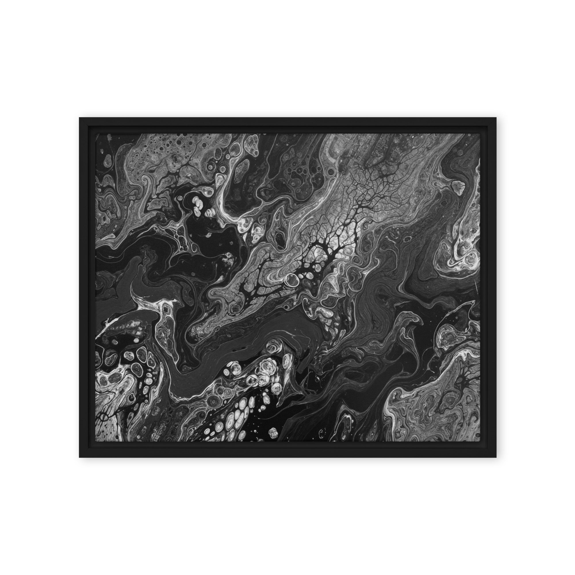 Dark Matter framed canvas print front-facing product image in brown frame, 20 x 28 inch large size