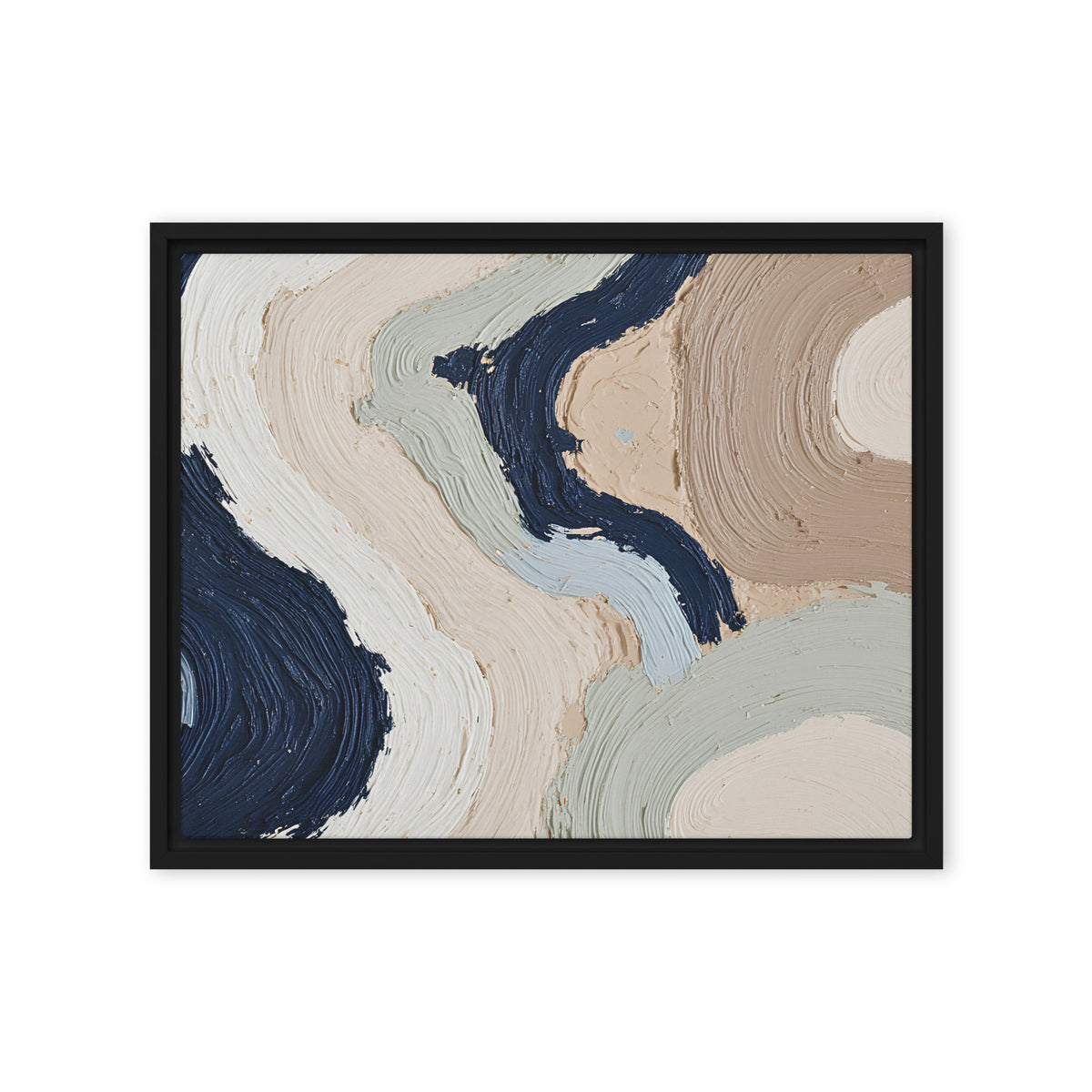 Alluvia framed canvas artwork with layered earth tones and flowing mineral textures, shown on white.