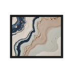 Striata framed canvas artwork with rhythmic bands of mineral color and sediment-like layers, shown on white.
