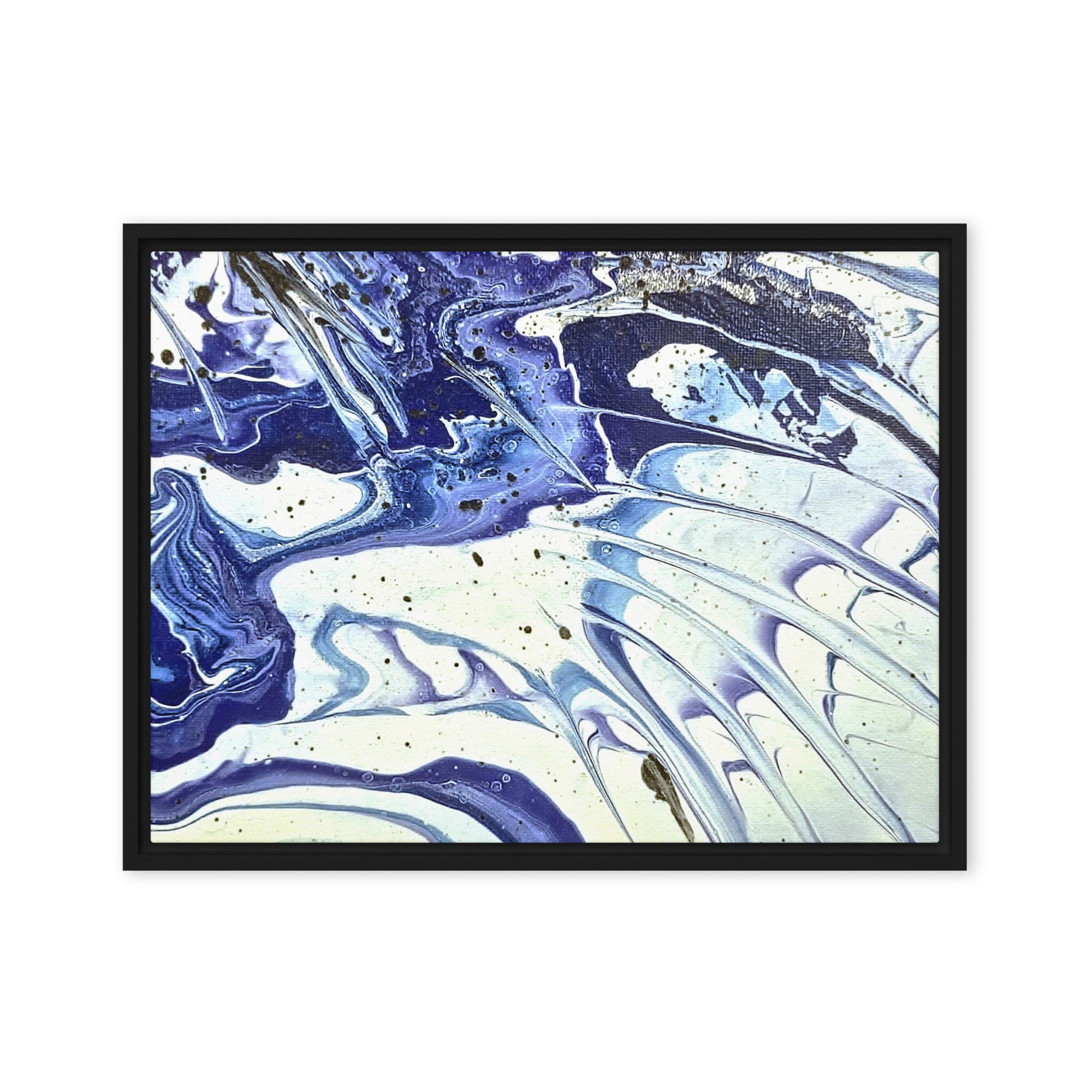 Cobalt framed canvas print product mockup in brown frame, 24 x 32 inch large size