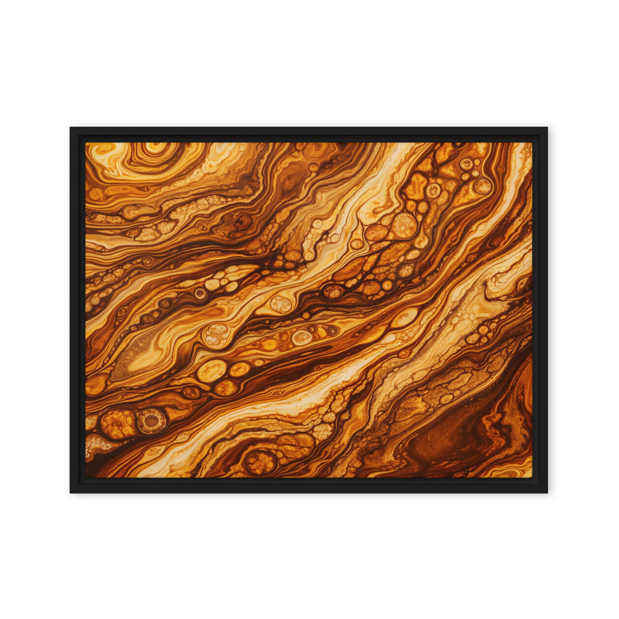 Molten Cells framed canvas print shown in front view in black frame, 11 x 14 inch universal size