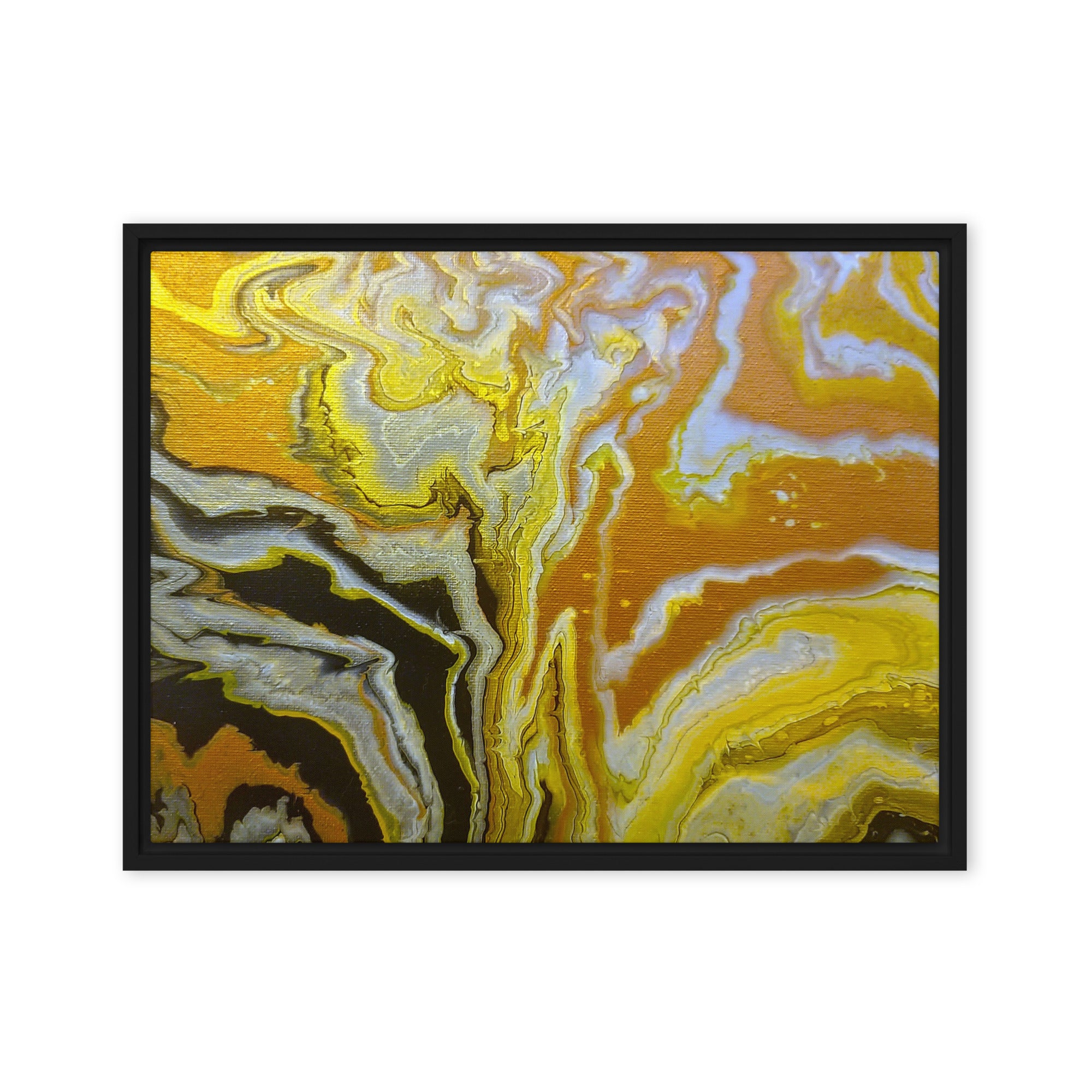 Golden Surge framed canvas print product mockup in brown frame, 24 x 32 inch large size