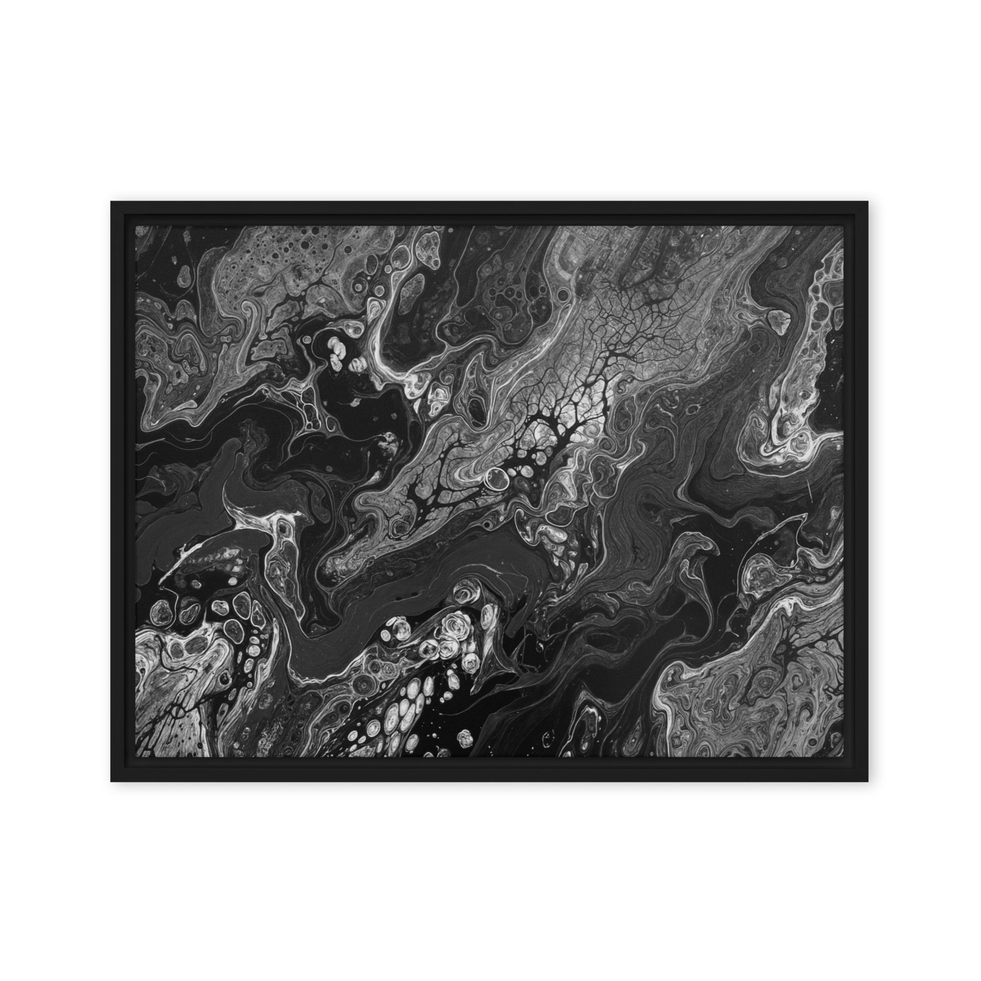 Dark Matter framed canvas print shown in front view in black frame, 8 x 10 inch universal size