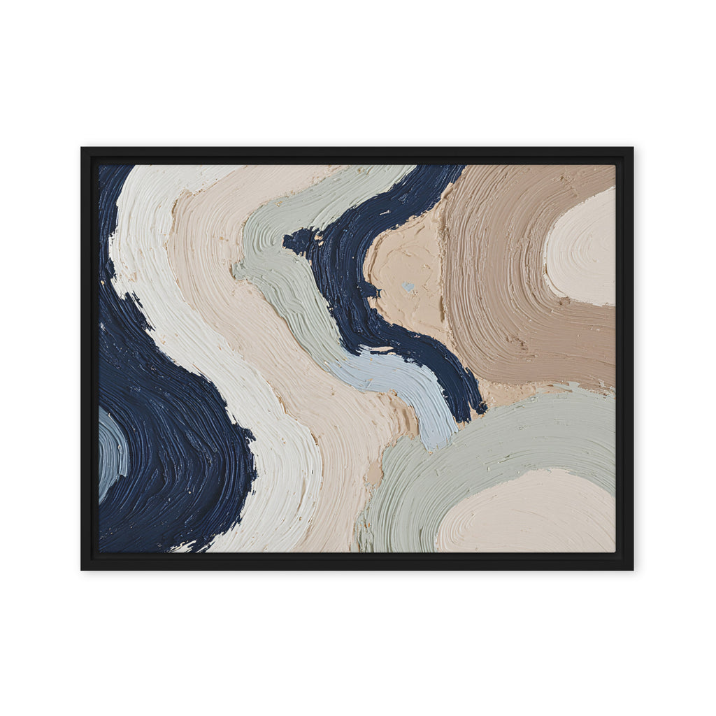 Alluvia framed canvas artwork with layered earth tones and flowing mineral textures, shown on white.