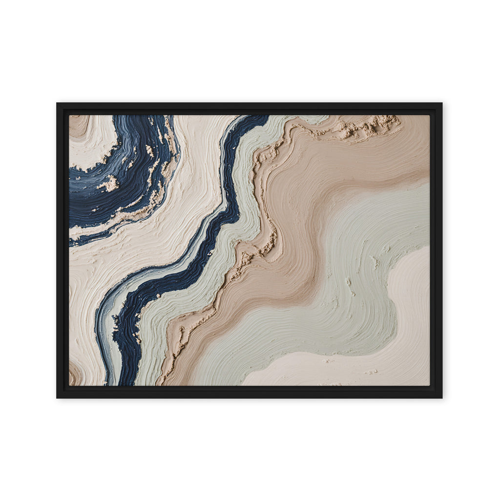 Striata framed canvas artwork with rhythmic bands of mineral color and sediment-like layers, shown on white.