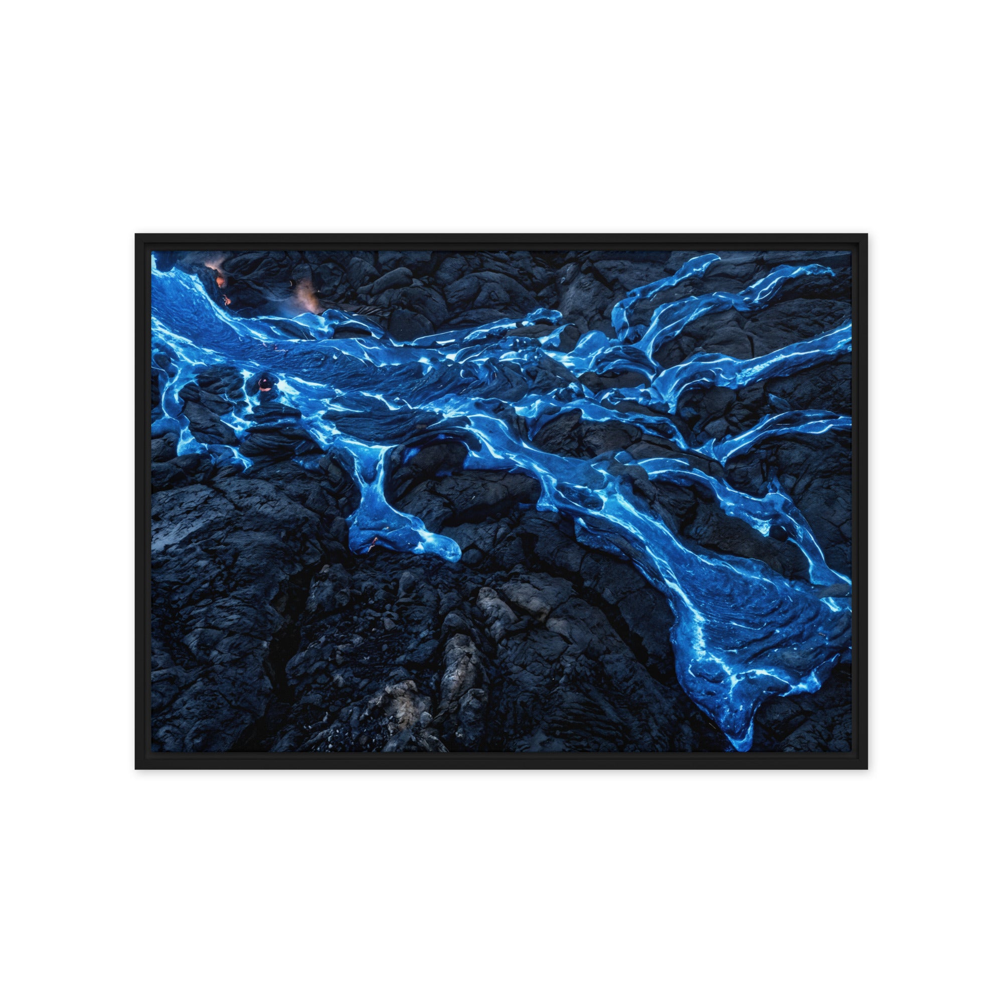 Scoria framed canvas print with product details shown in white frame, 9 x 12 inch universal size
