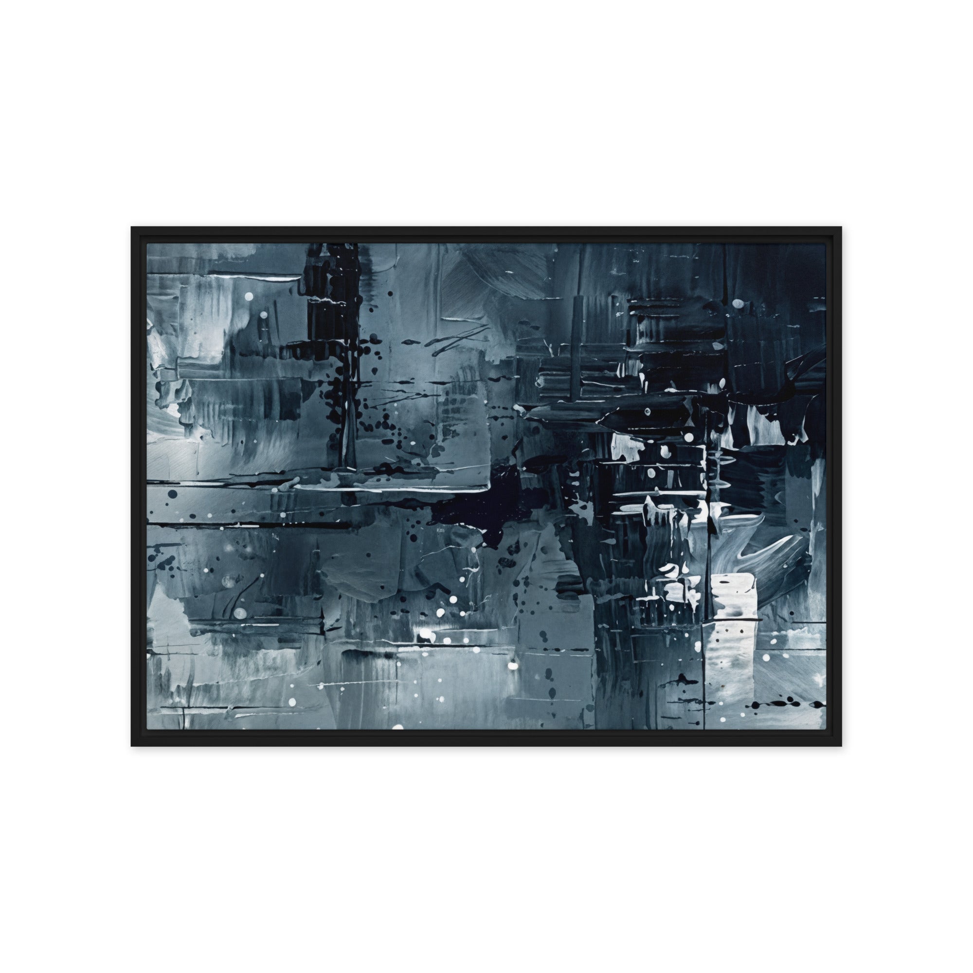 Amidst framed canvas print with product details shown in white frame, 9 x 12 inch universal size
