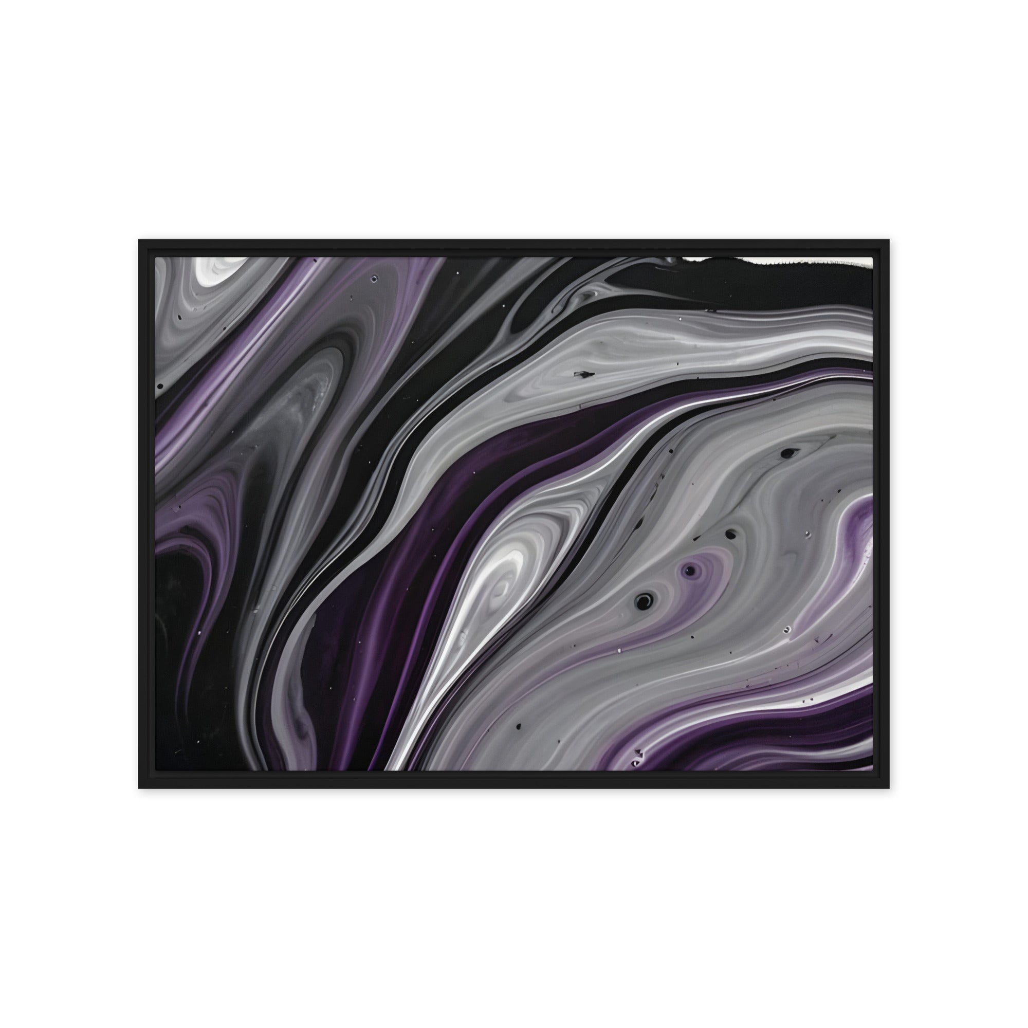 Amethyst Flow framed canvas print with product details shown in white frame, 9 x 12 inch universal size