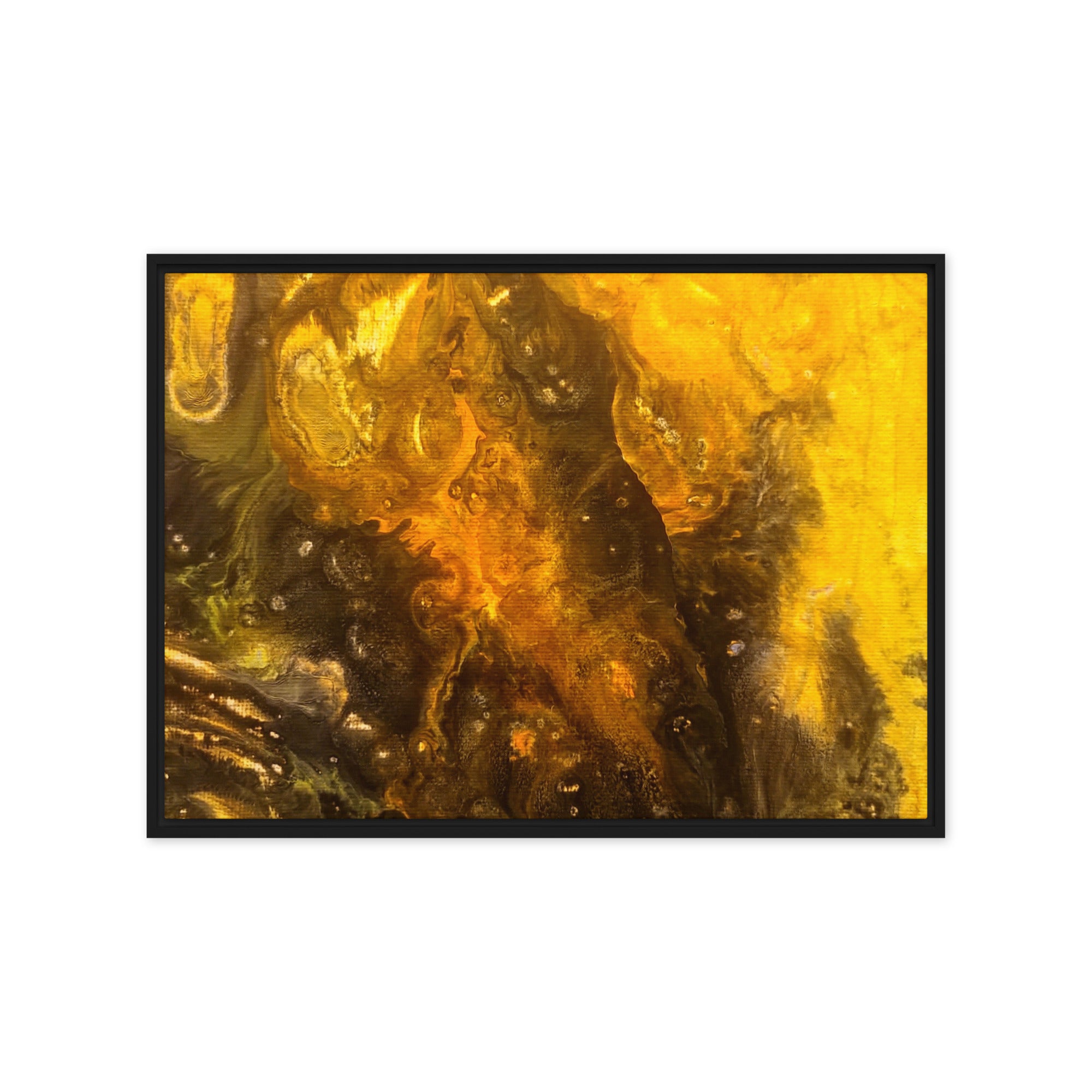 Flame framed canvas print with product details shown in white frame, 9 x 12 inch universal size