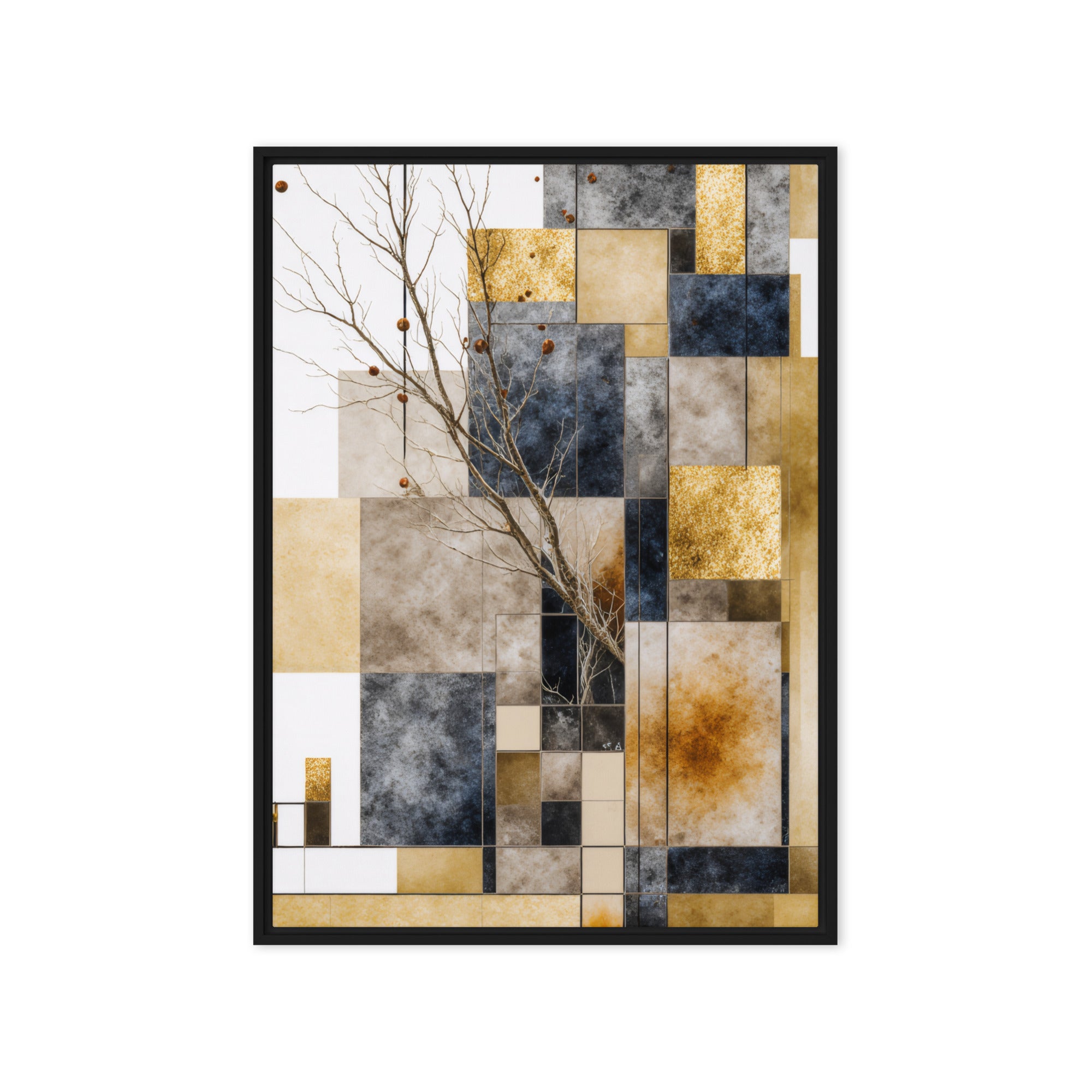 Scorie framed canvas print with product details shown in brown frame, 24 x 36 inch statement piece