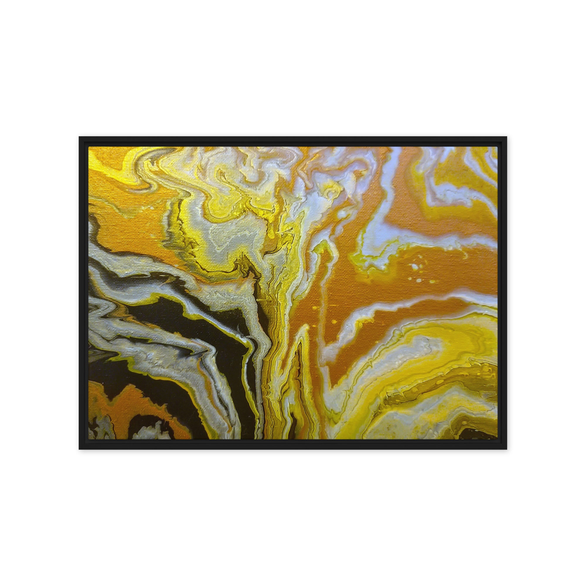 Golden Surge framed canvas print with product details shown in white frame, 9 x 12 inch universal size