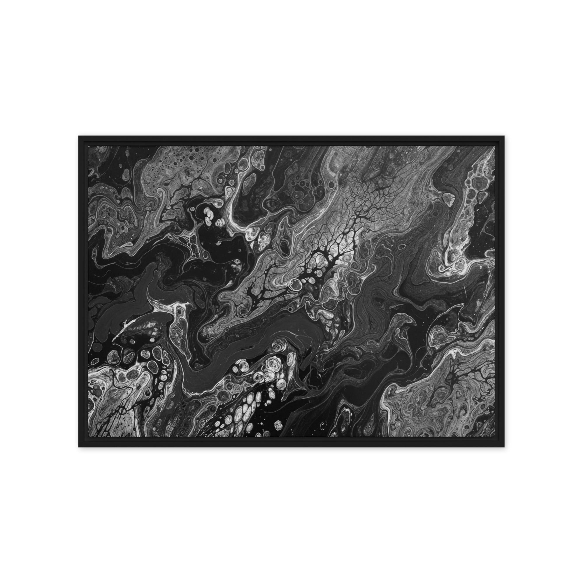 Dark Matter framed canvas print with product details shown in white frame, 9 x 12 inch universal size