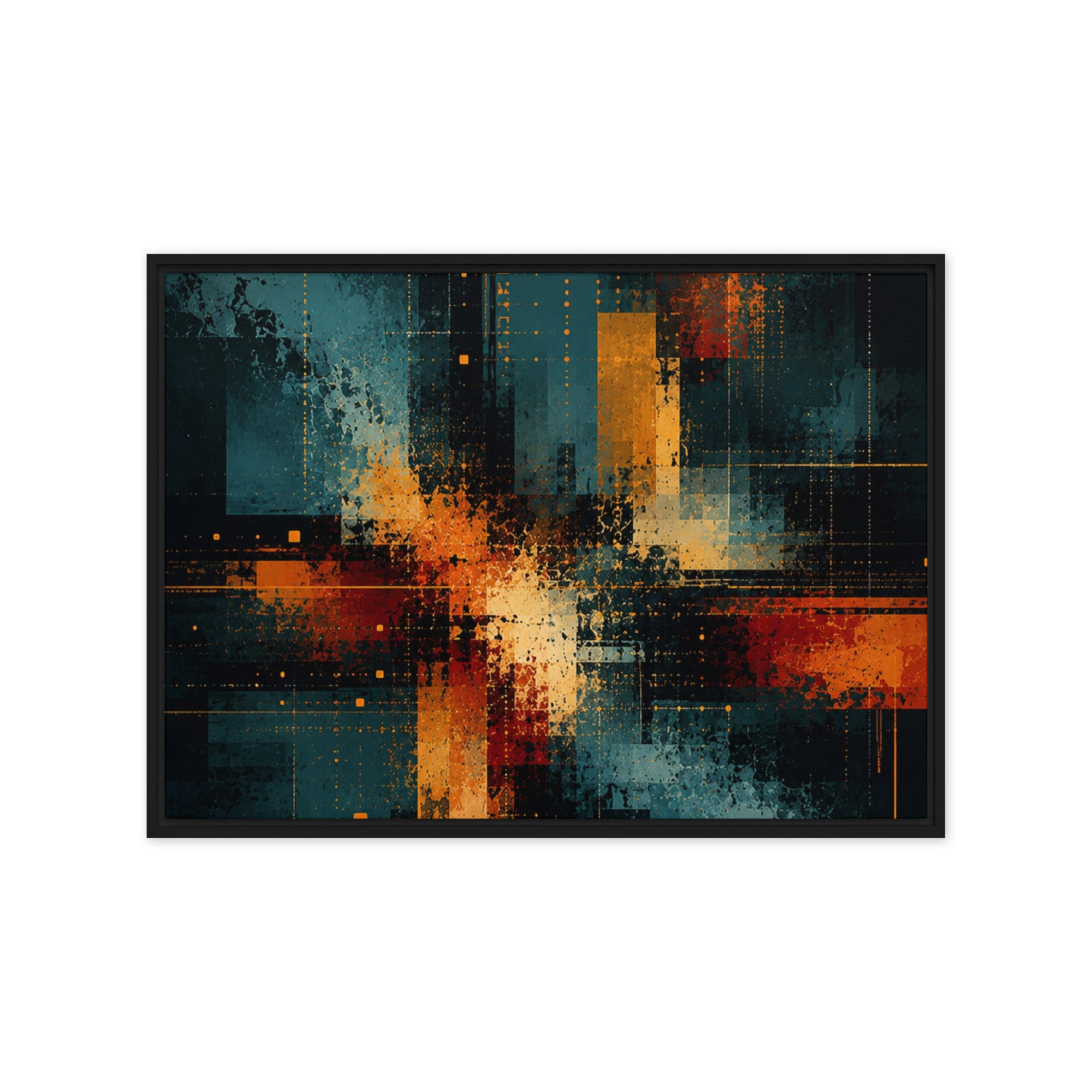 Axion framed canvas print with product details shown in white frame, 9 x 12 inch universal size