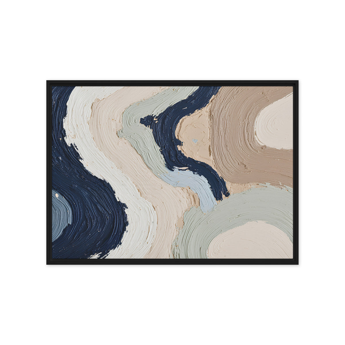 Alluvia framed canvas artwork with layered earth tones and flowing mineral textures, shown on white.
