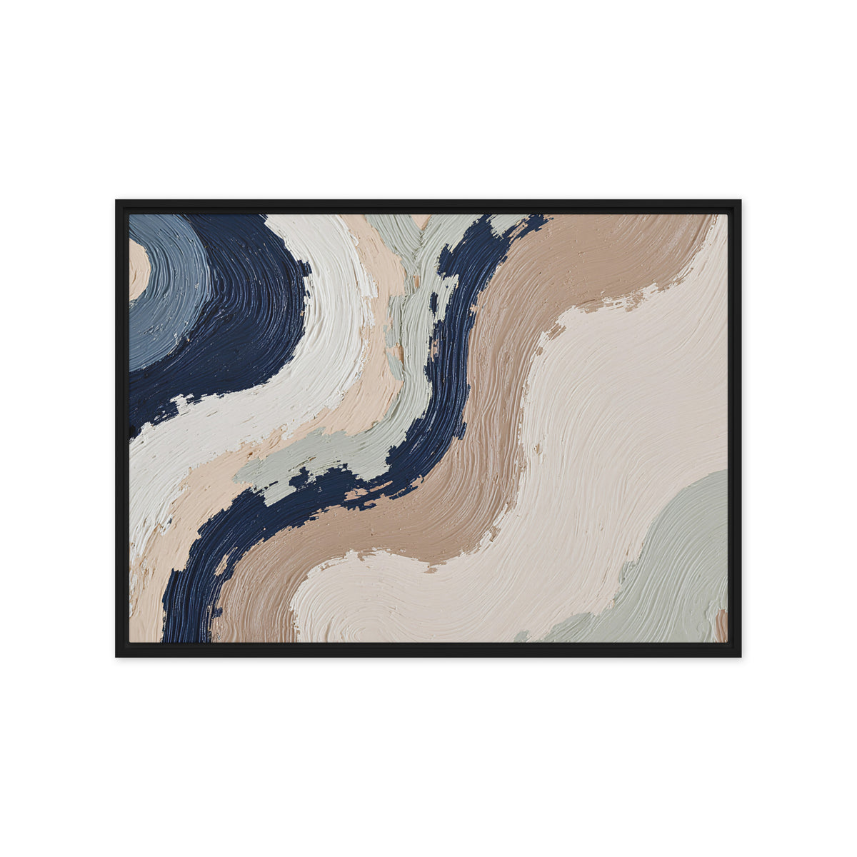 Loess framed canvas artwork with warm ochre, taupe and sandstone-like textures, shown on white.