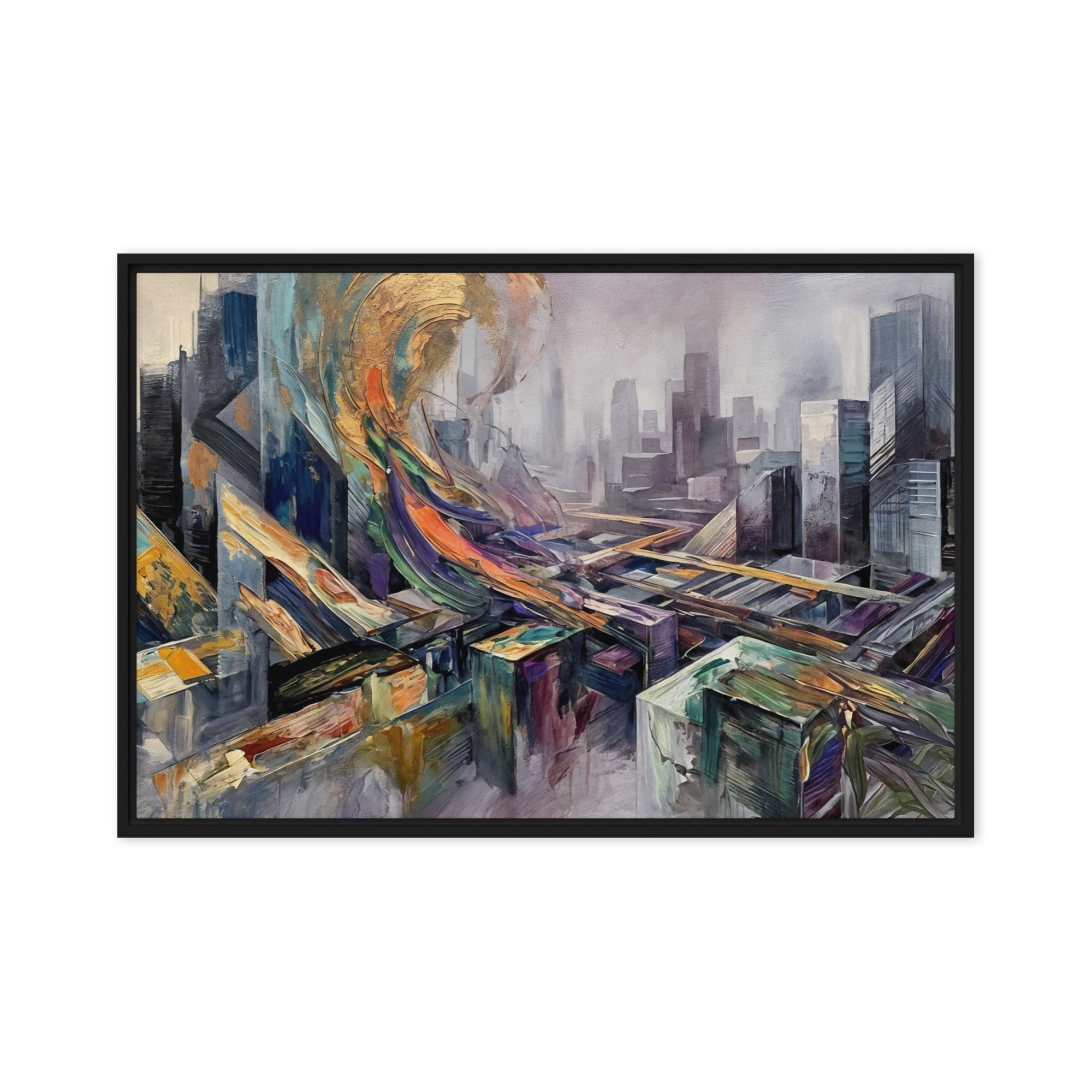 Attitude framed canvas skyline image for product listing in brown frame, 20 x 30 inch large size