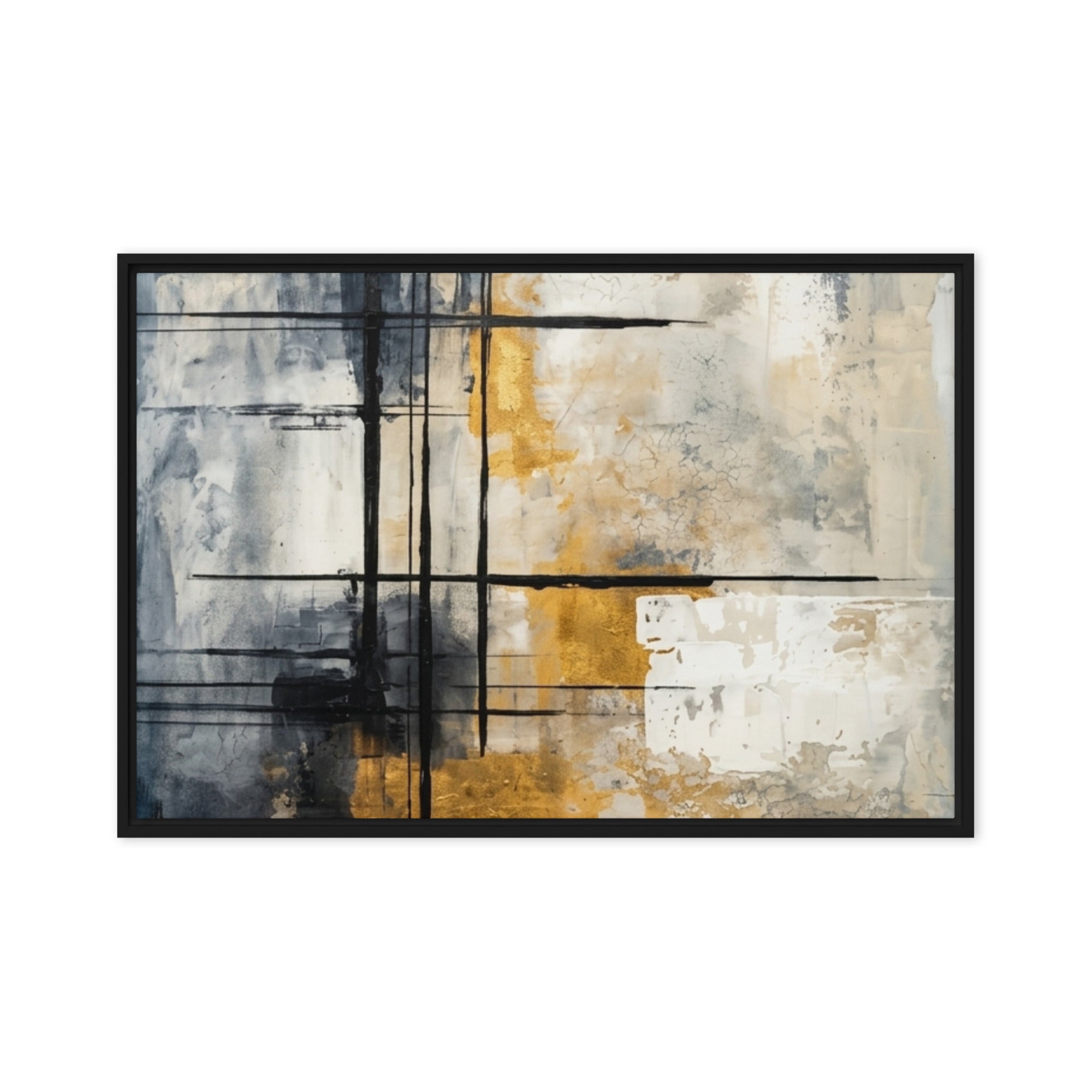 Elite framed canvas print with product details shown in white frame, 12 x 16 inch universal size
