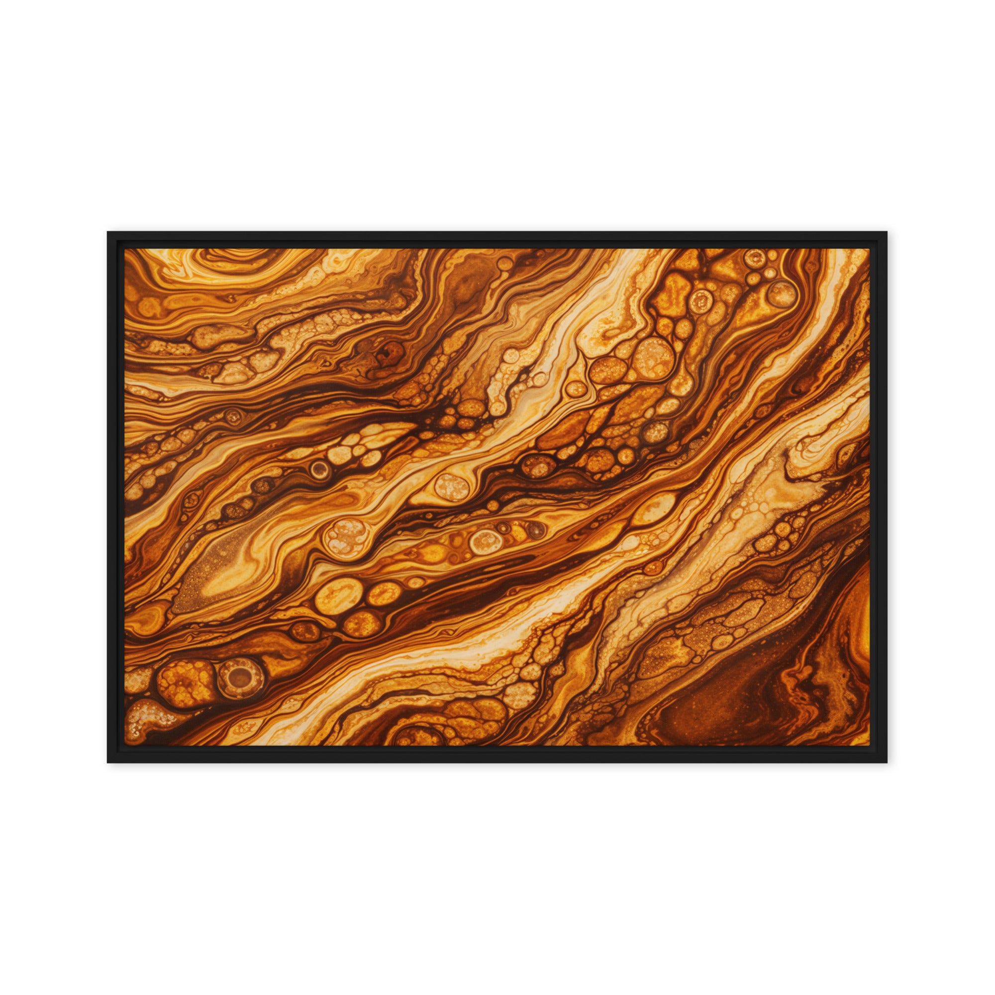 Molten Cells framed canvas print product mockup in white frame, 12 x 16 inch universal size