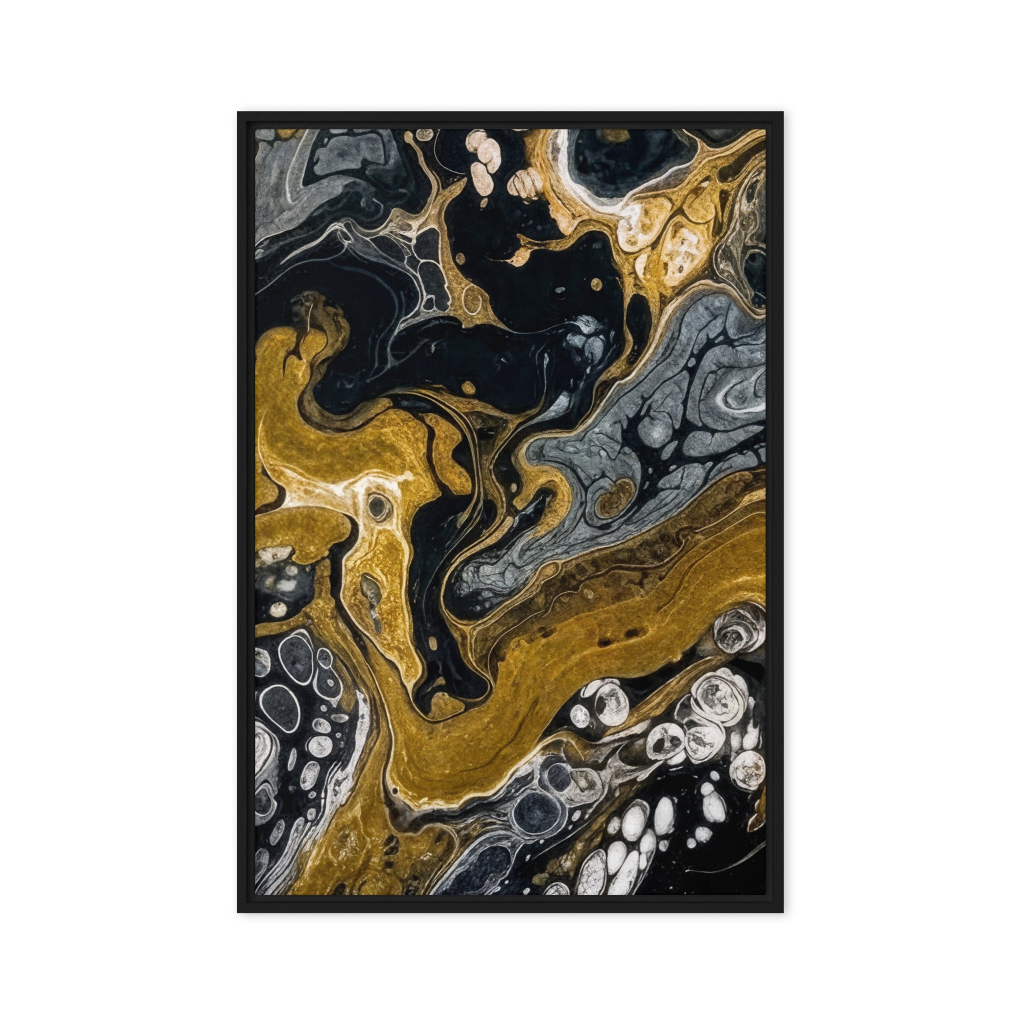 Aurum framed canvas 2 shown in front view in black frame, 20 x 30 inch large size