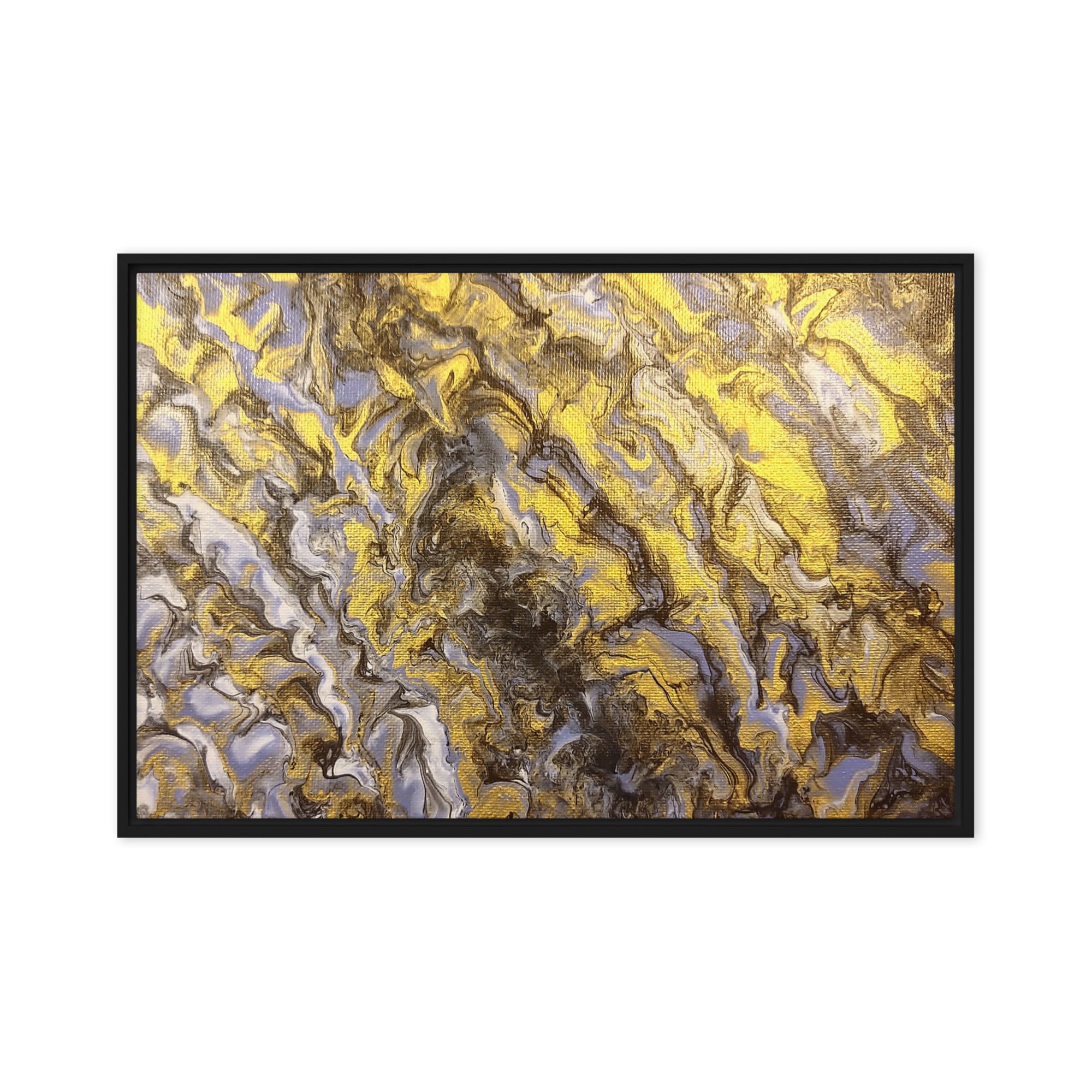 Gold Wave framed canvas print with product details shown in white frame, 12 x 18 inch universal size
