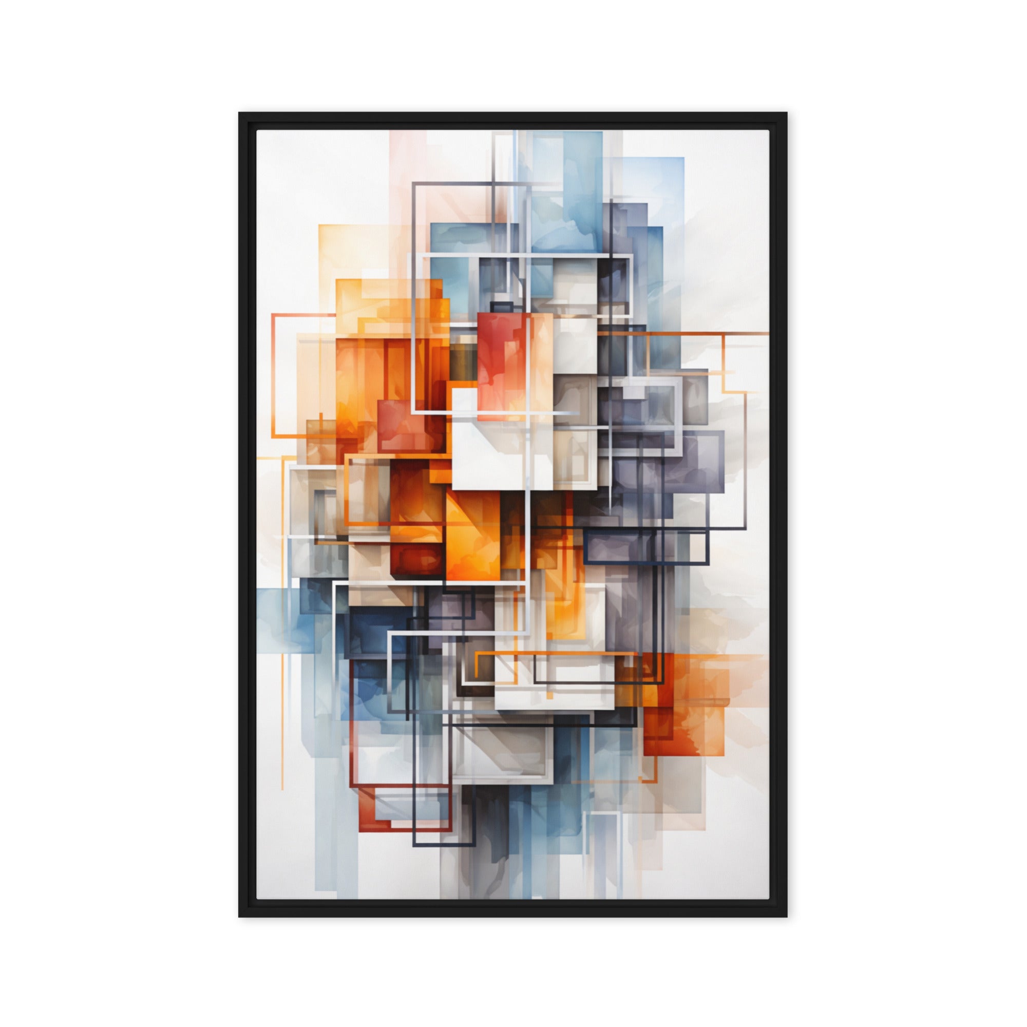 Facet framed canvas print with product details shown in brown frame, 20 x 28 inch large size