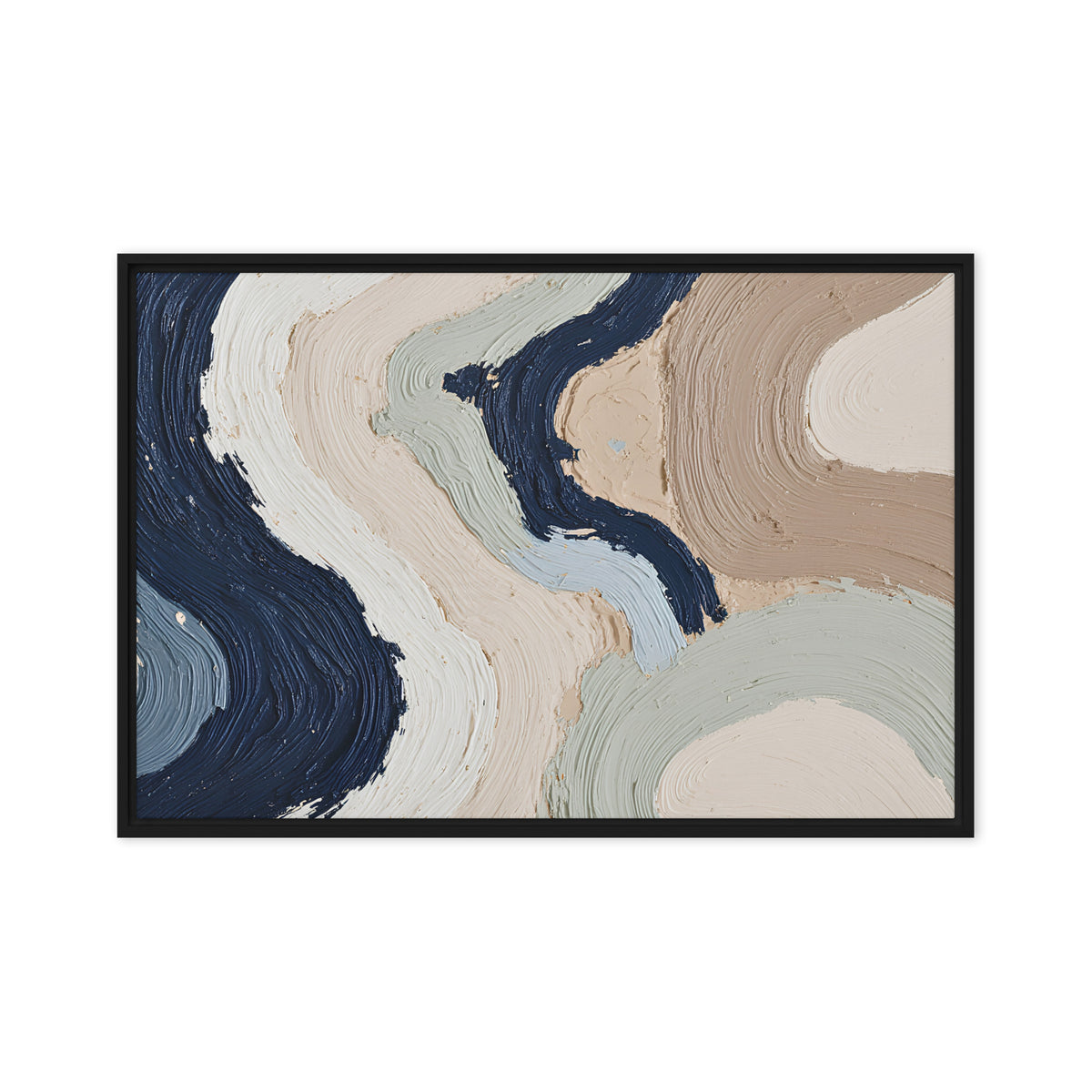 Alluvia framed canvas artwork with layered earth tones and flowing mineral textures, shown on white.