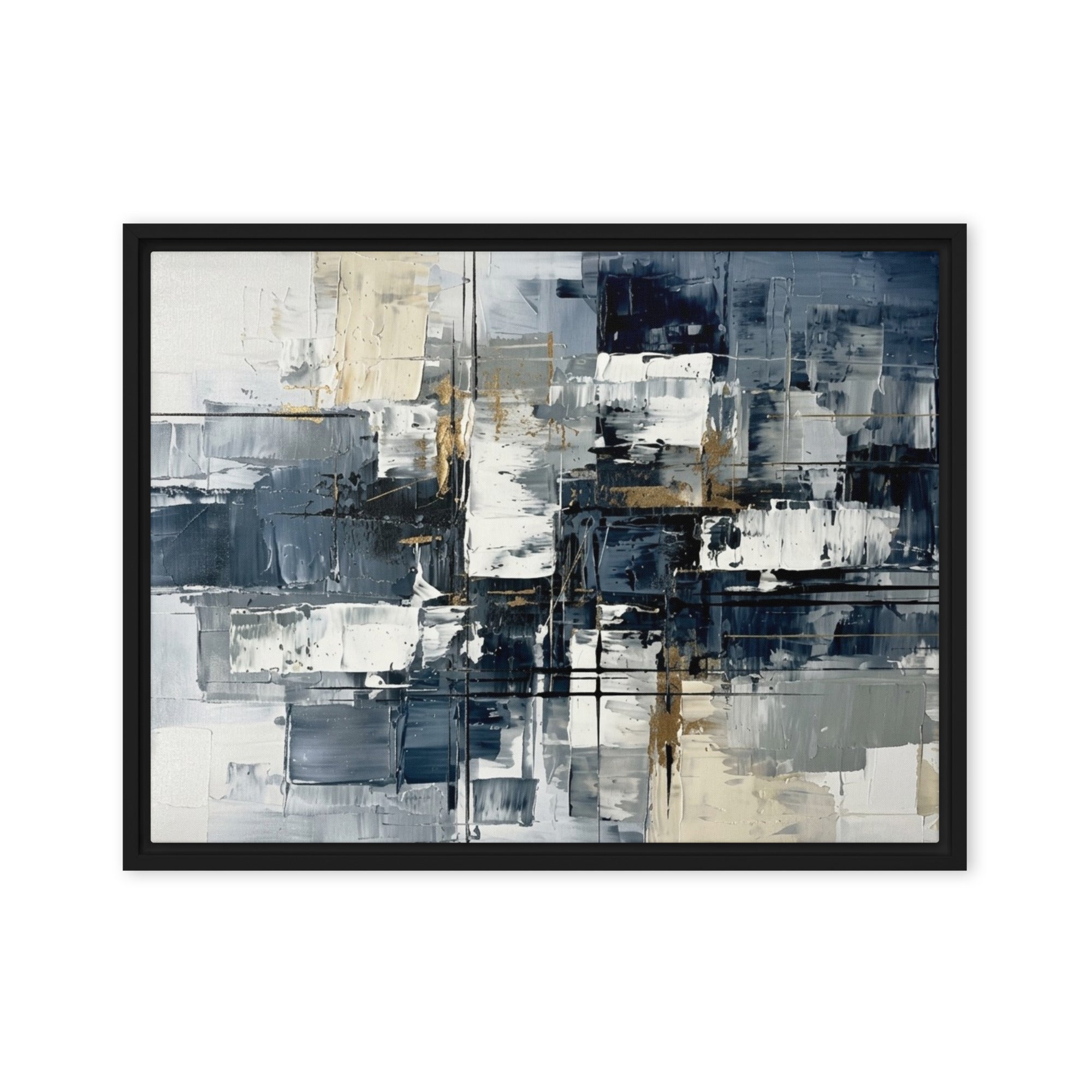 Calamity wall art product image as a framed canvas urban in white frame, 16 x 20 inch universal size