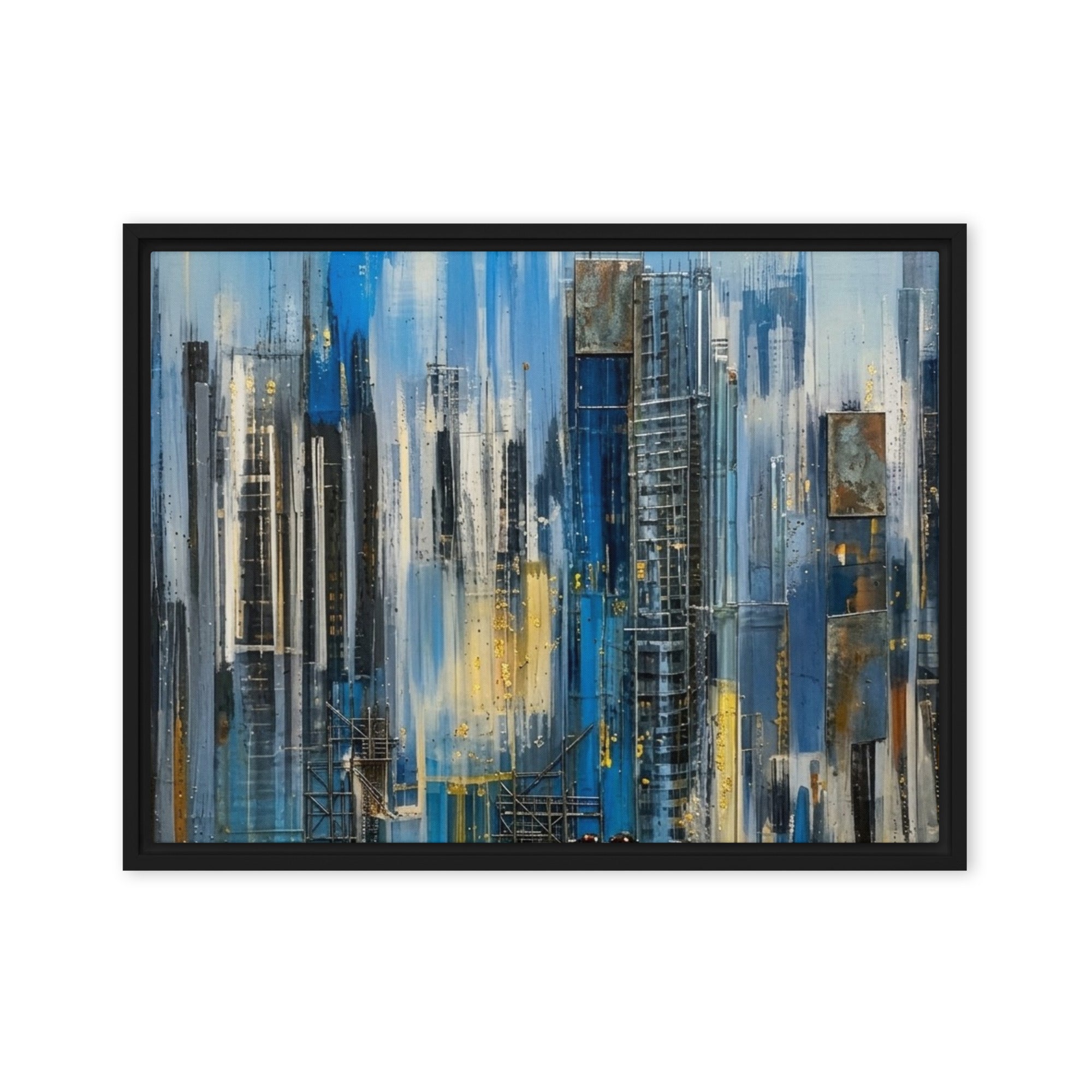 Facade framed canvas print with product details shown in white frame, 20 x 30 inch large size