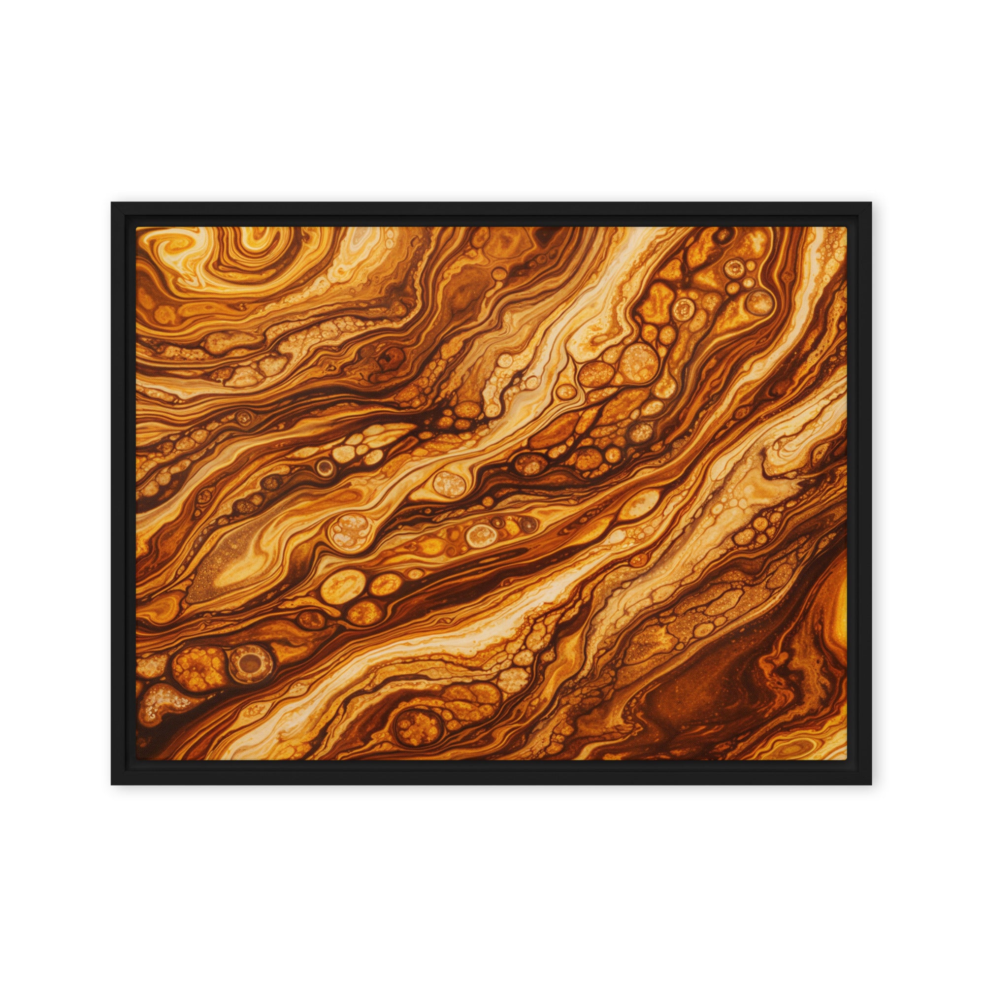Molten Cells framed canvas print with product details shown in white frame, 16 x 20 inch universal size