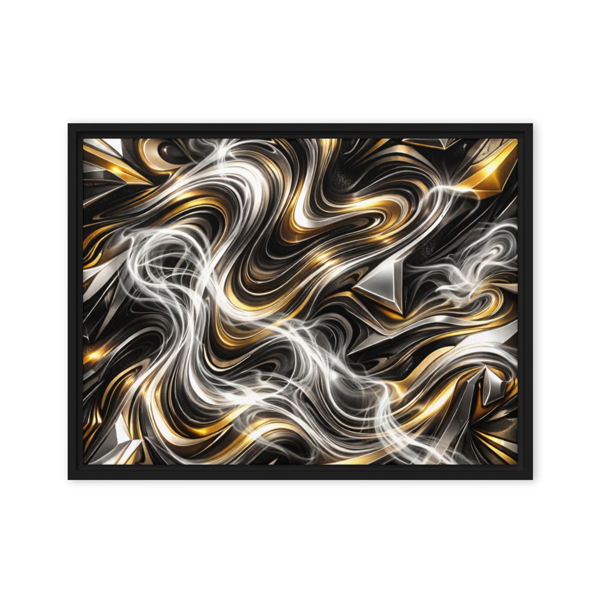 Ouro framed canvas print shown in front view in black frame, 12 x 16 inch universal size