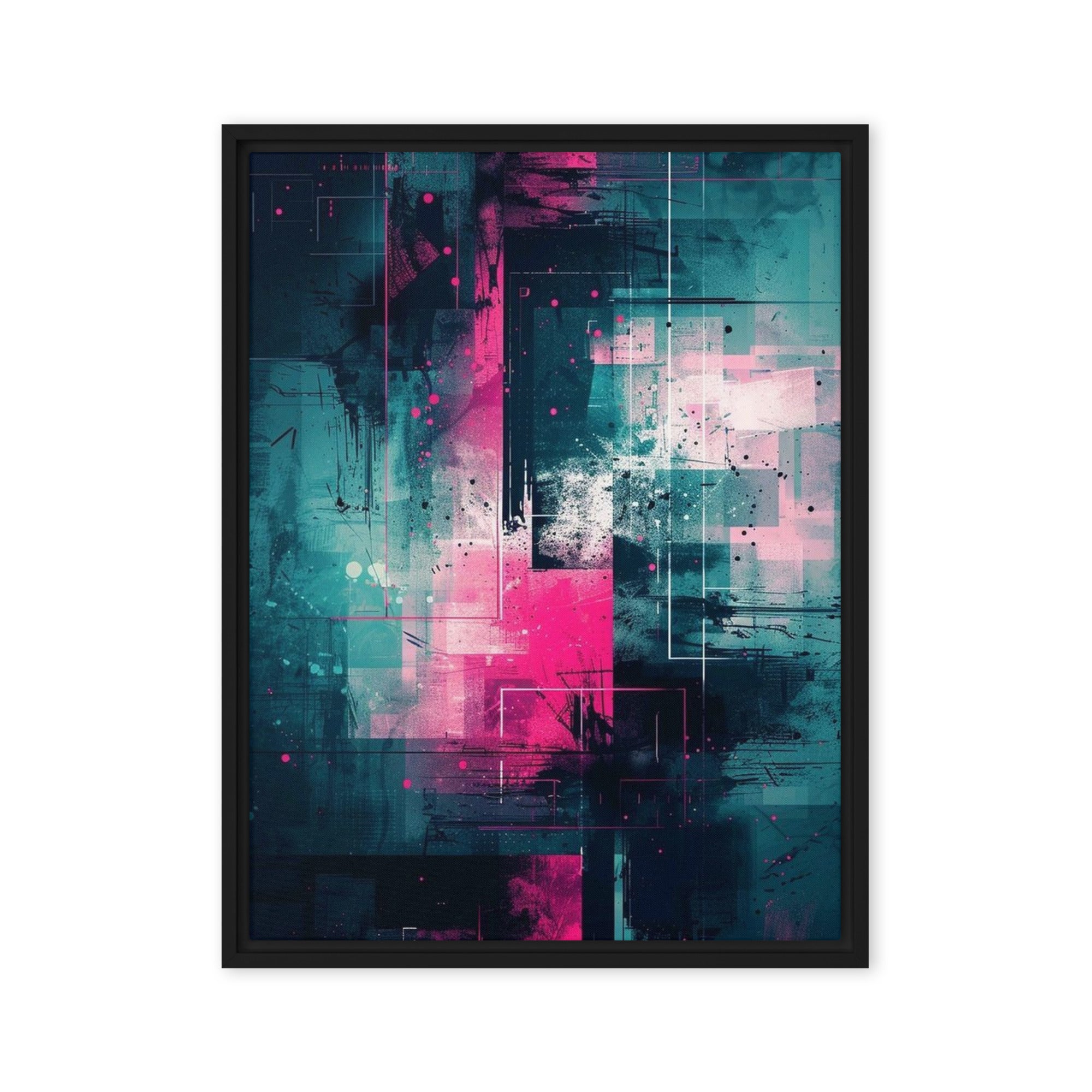 Neona framed canvas print with product details shown in white frame, 16 x 20 inch universal size