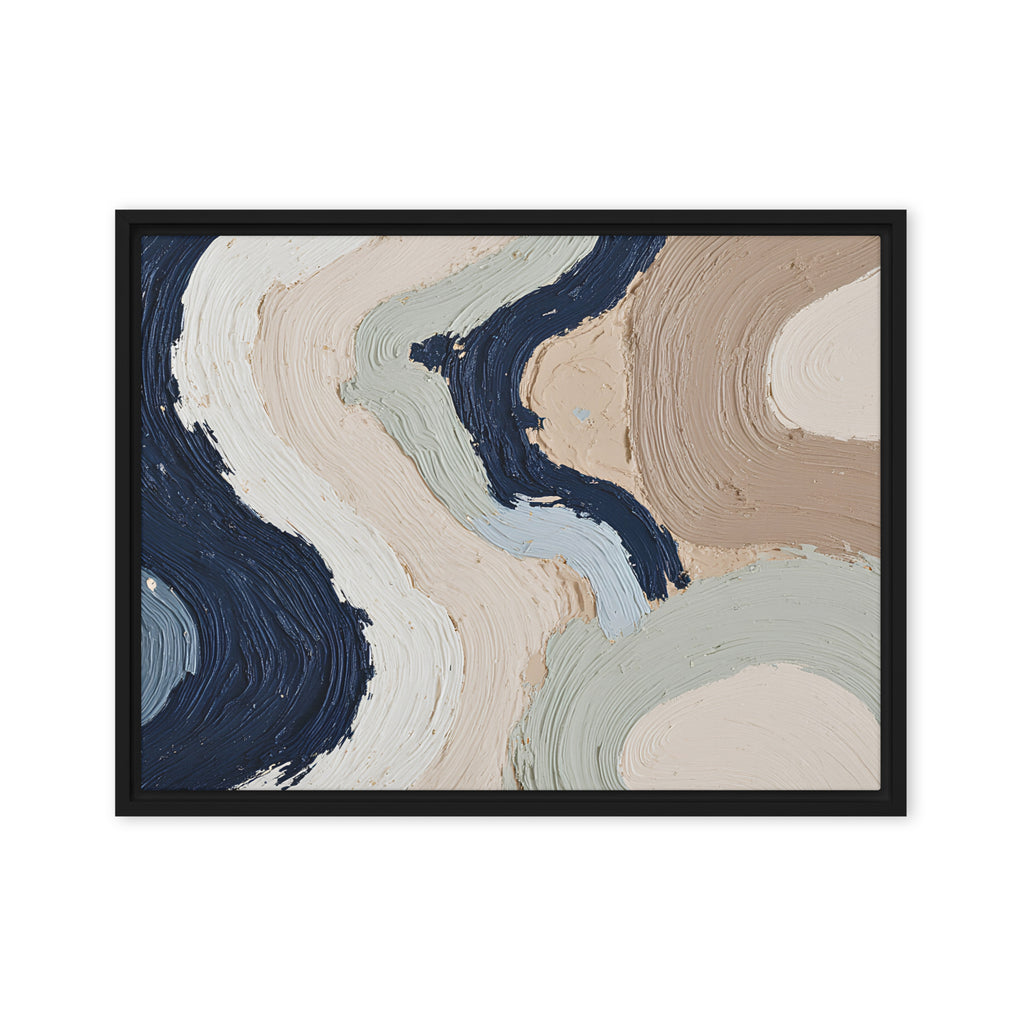 Alluvia framed canvas artwork with layered earth tones and flowing mineral textures, shown on white.