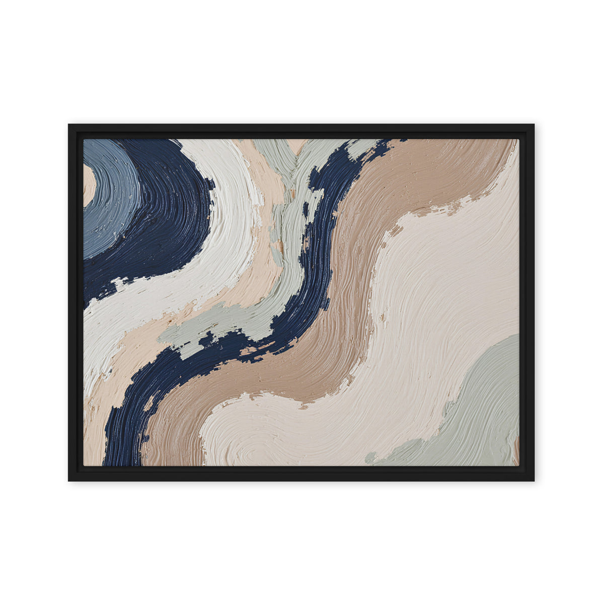 Loess framed canvas artwork with warm ochre, taupe and sandstone-like textures, shown on white.