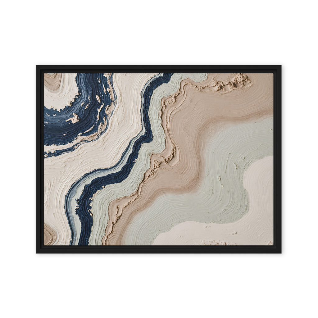 Striata framed canvas artwork with rhythmic bands of mineral color and sediment-like layers, shown on white.