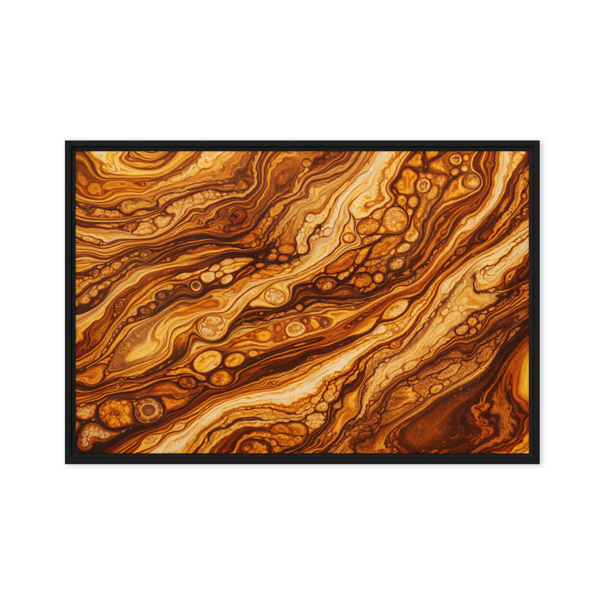Molten Cells framed canvas print shown in front view in white frame, 20 x 30 inch large size