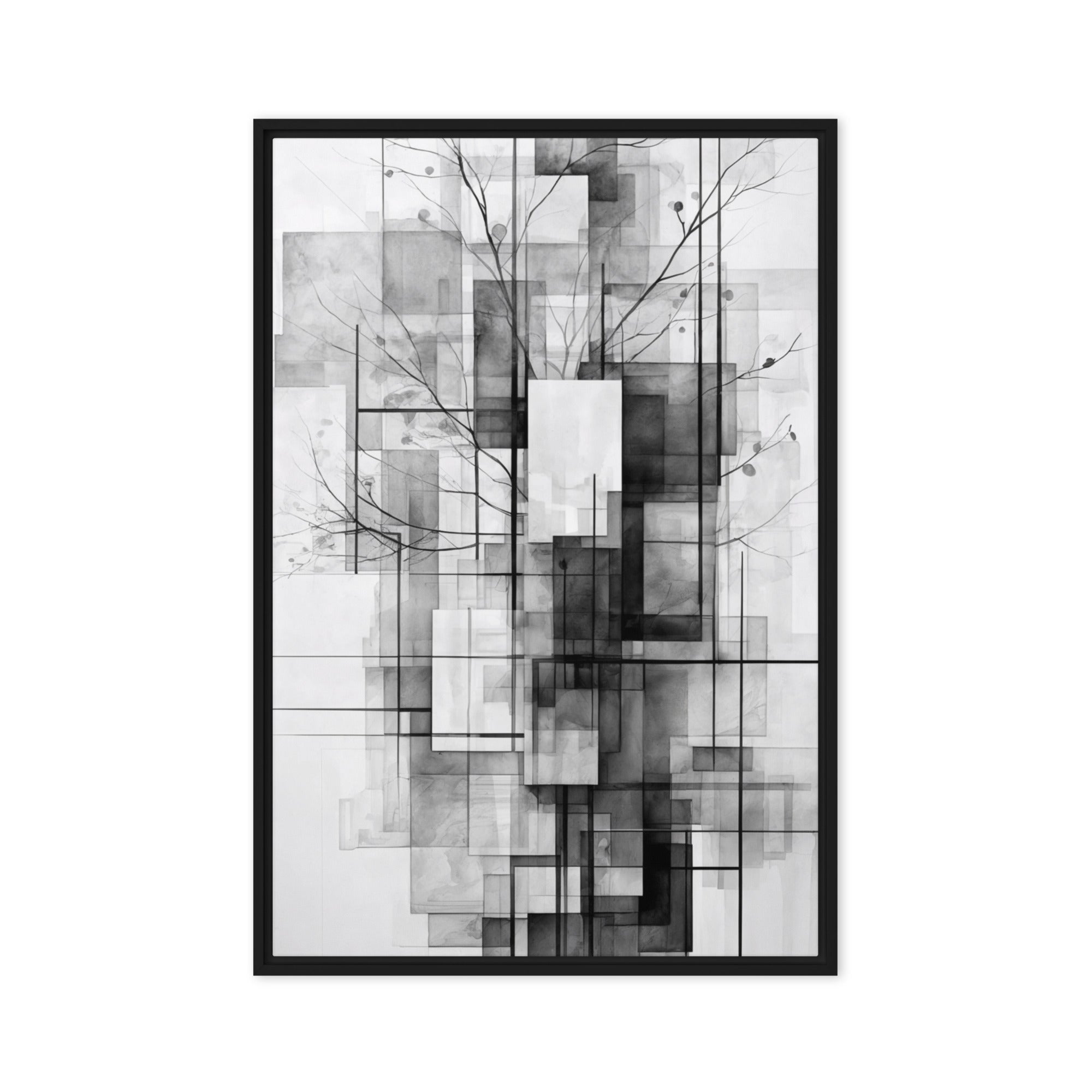 False framed canvas print with product details shown in brown frame, 12 x 18 inch universal size