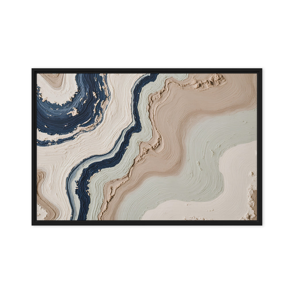 Striata framed canvas artwork with rhythmic bands of mineral color and sediment-like layers, shown on white.
