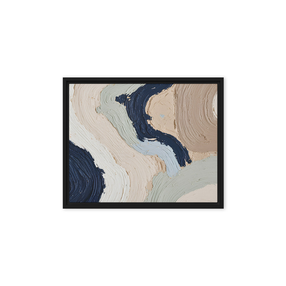 Alluvia framed canvas artwork with layered earth tones and flowing mineral textures, shown on white.