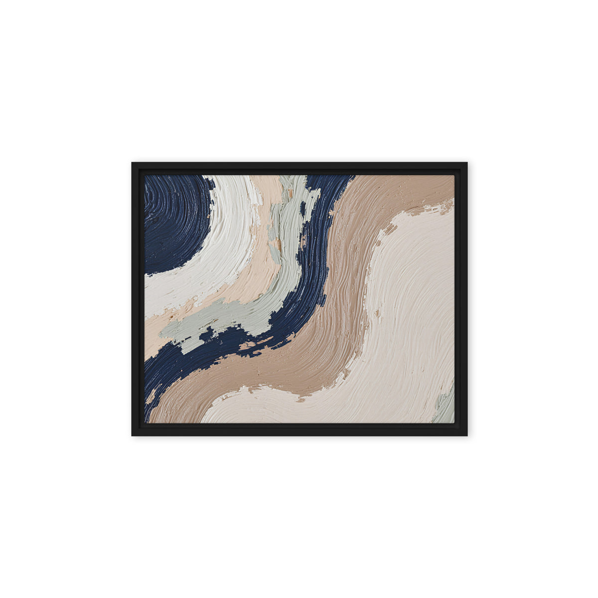 Loess framed canvas artwork with warm ochre, taupe and sandstone-like textures, shown on white.