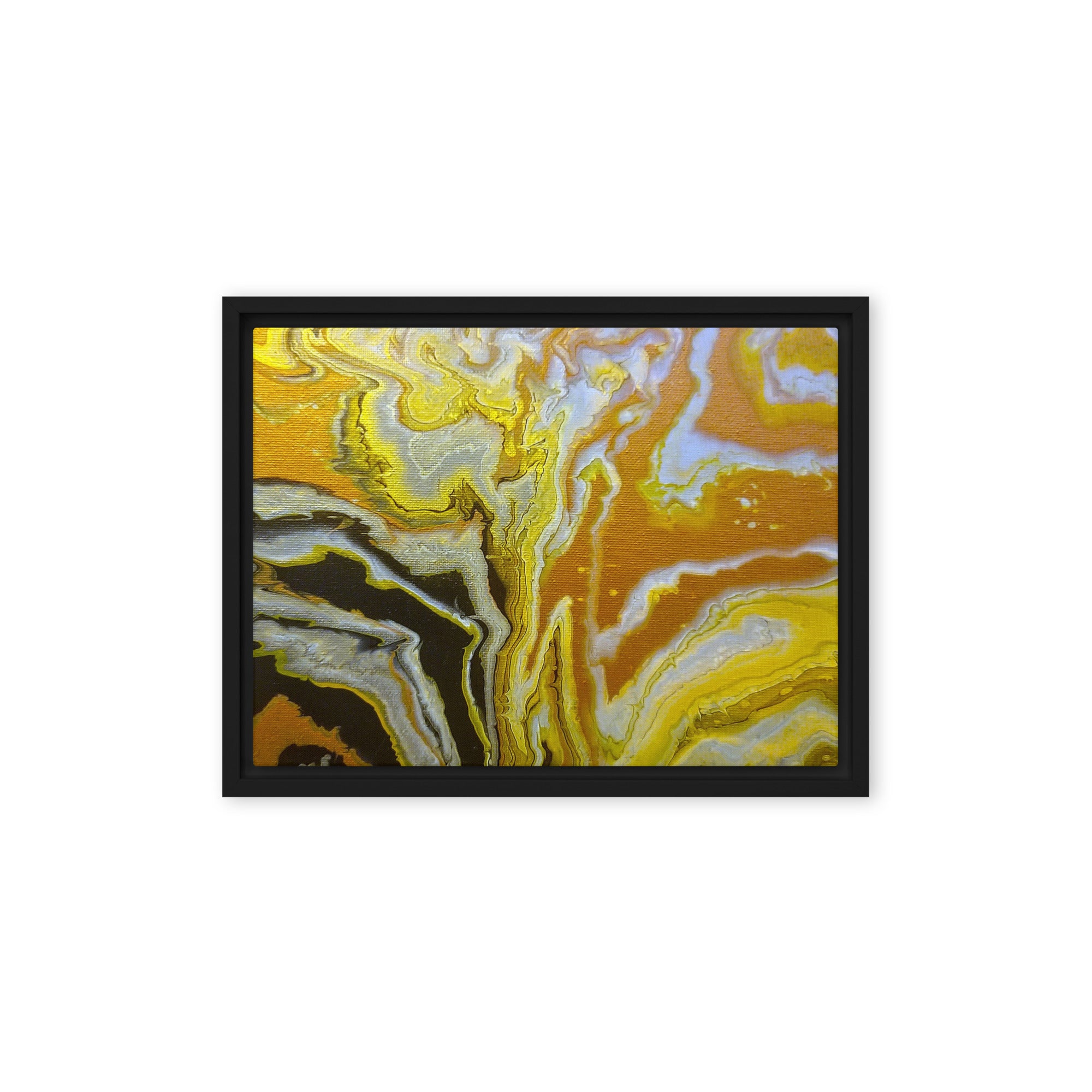 Golden Surge framed canvas print product mockup in black frame, 12 x 16 inch universal size