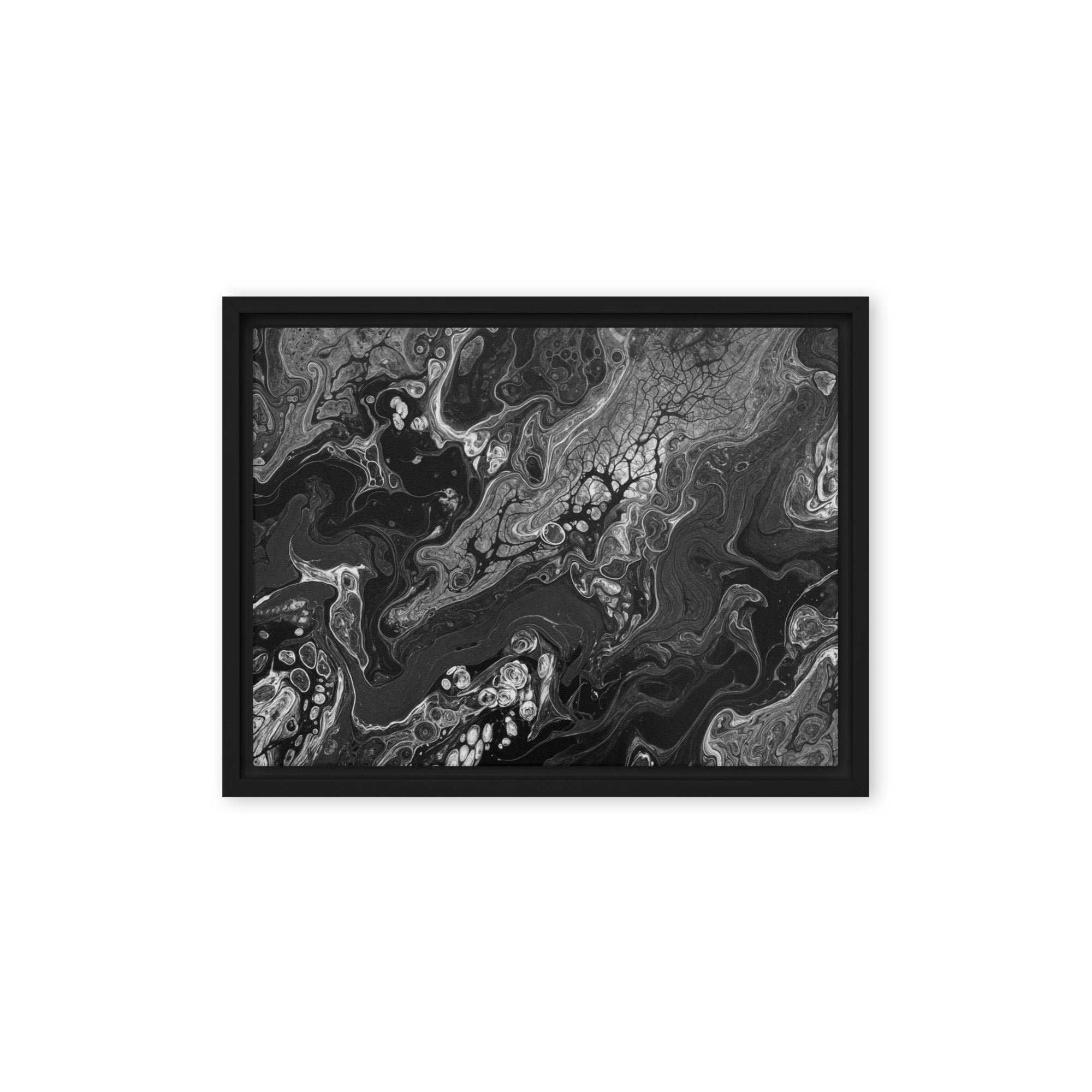 Dark Matter framed canvas print product mockup in black frame, 12 x 16 inch universal size