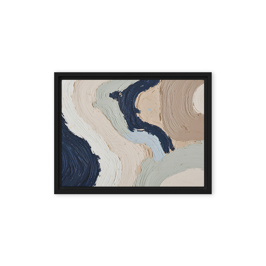 Alluvia framed canvas artwork with layered earth tones and flowing mineral textures, shown on white.