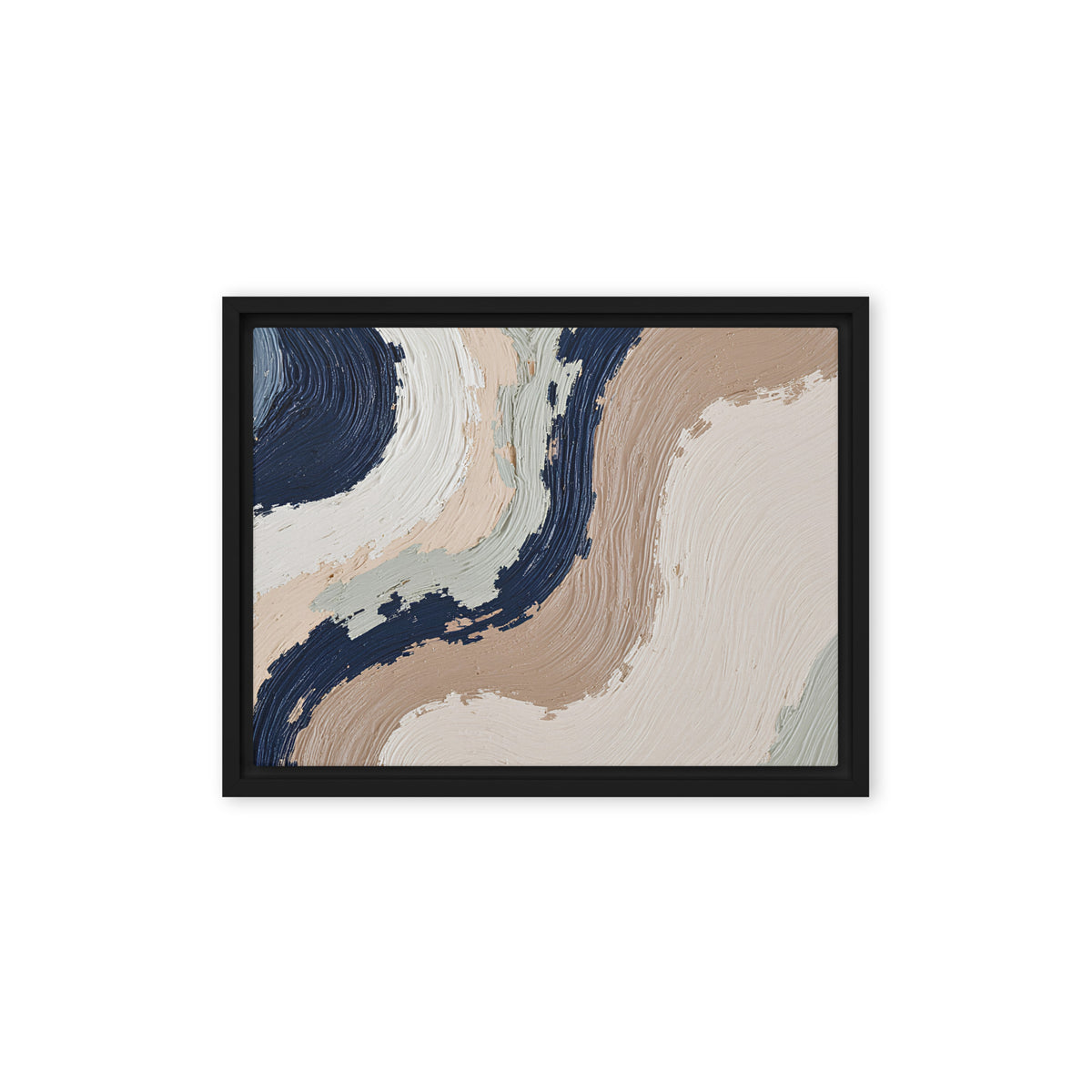 Loess framed canvas artwork with warm ochre, taupe and sandstone-like textures, shown on white.