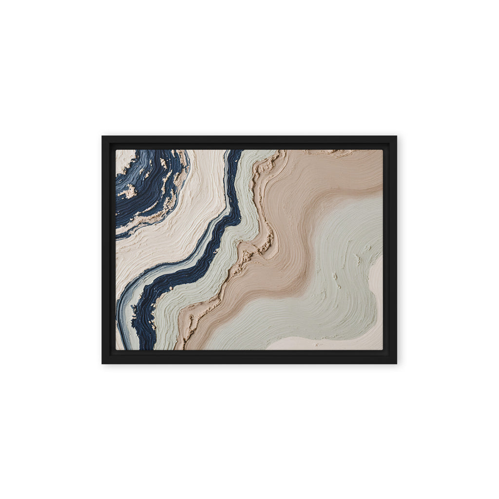 Striata framed canvas artwork with rhythmic bands of mineral color and sediment-like layers, shown on white.