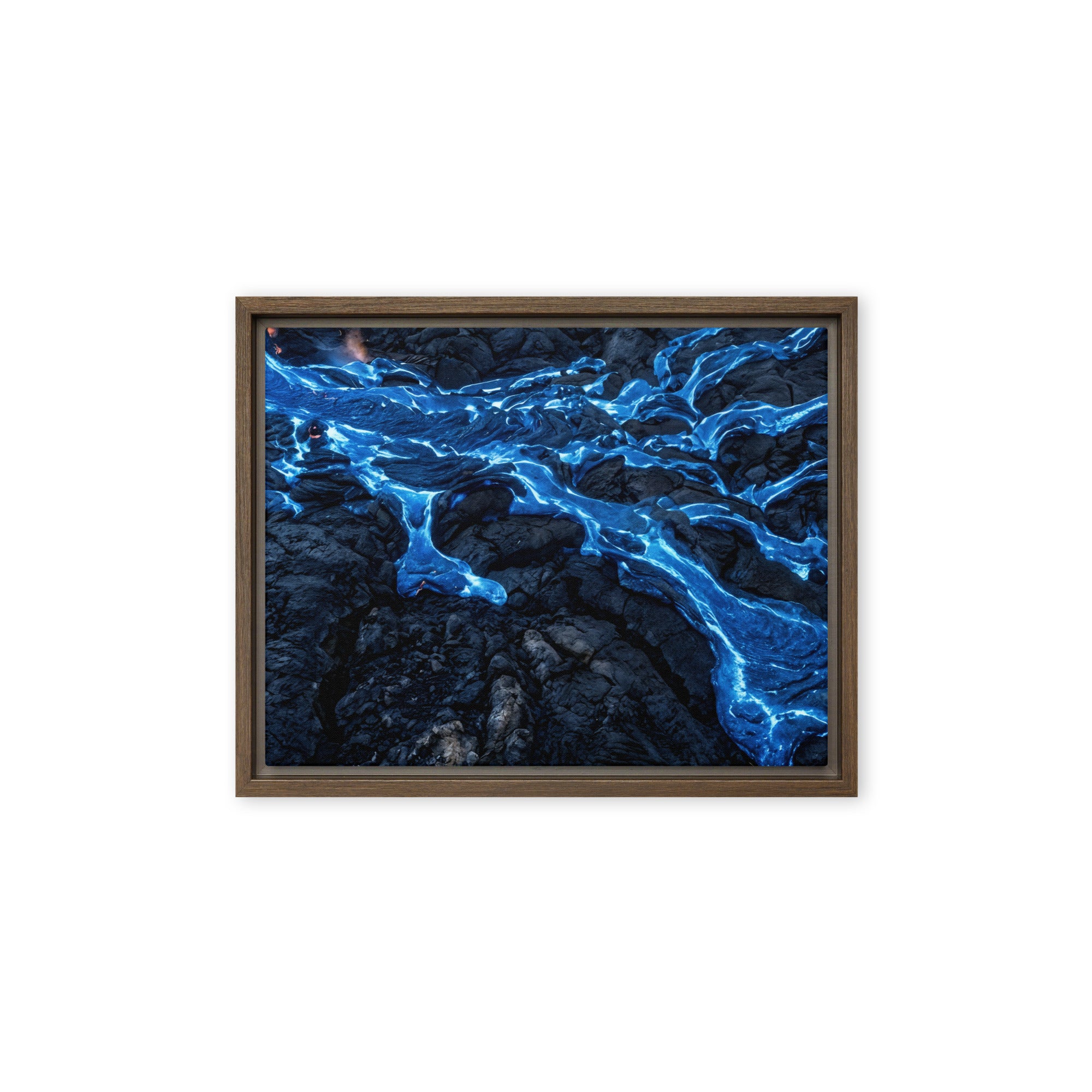 Scoria framed canvas print with product details shown in black frame, 16 x 20 inch universal size
