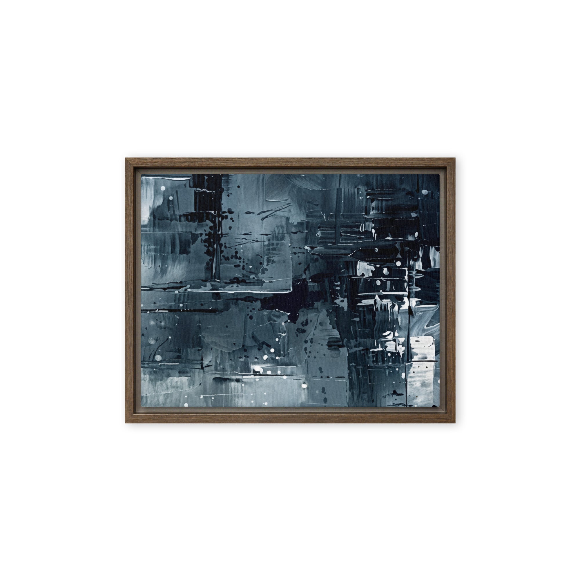 Amidst framed canvas print with product details shown in black frame, 16 x 20 inch universal size