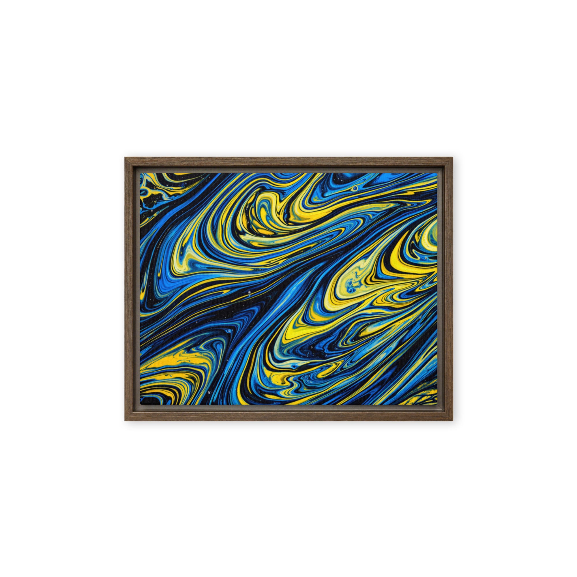Coral framed canvas print with product details shown in black frame, 16 x 20 inch universal size