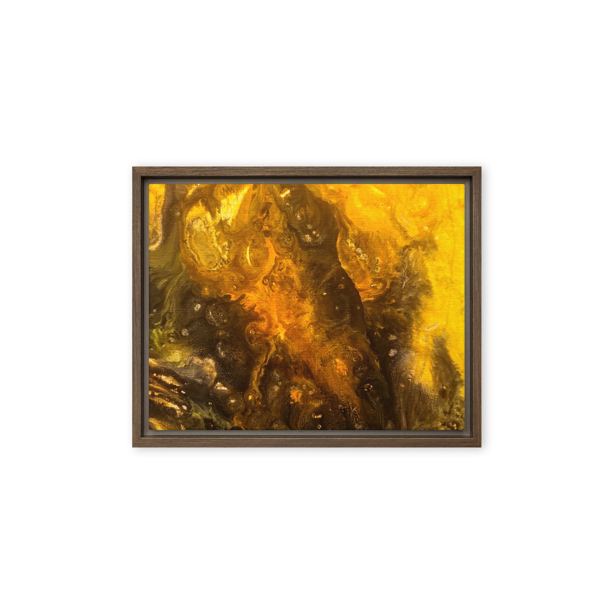 Flame framed canvas print with product details shown in black frame, 16 x 20 inch universal size