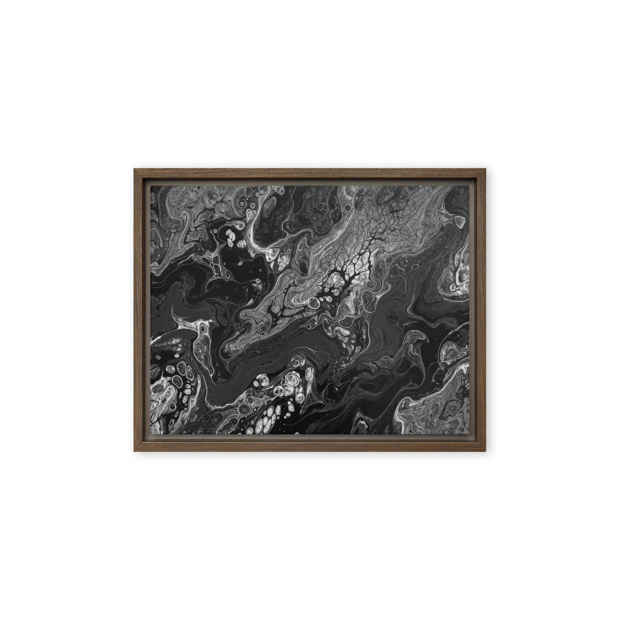 Dark Matter framed canvas print, front view in black frame, 18 x 24 inch large size